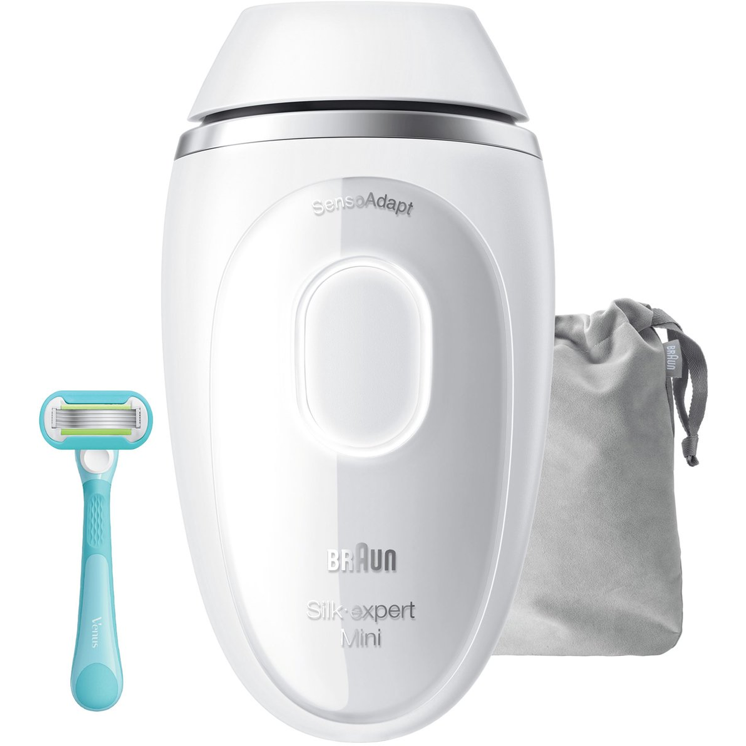 White Braun IPL device, blue Venus razor, and grey pouch on white background.