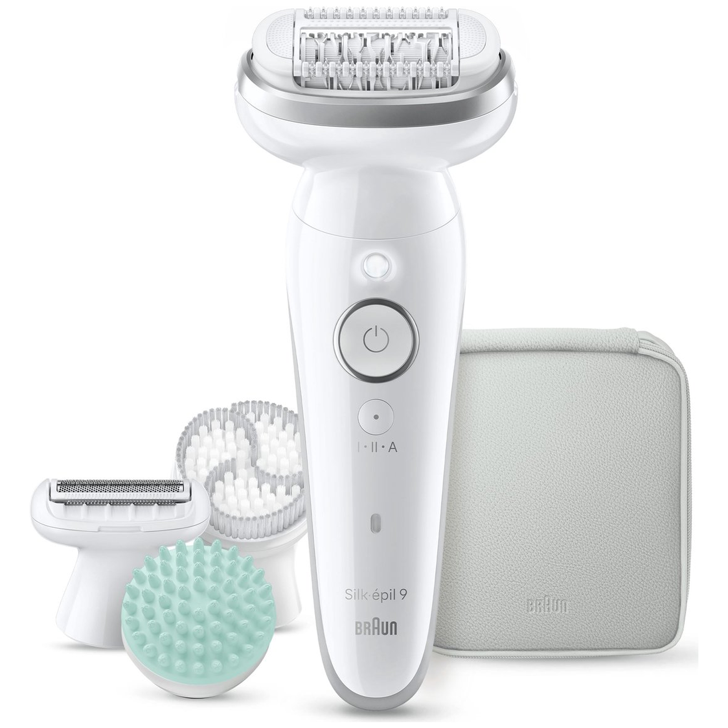 A white epilator with attachments: shaver, exfoliating brush, massage head.