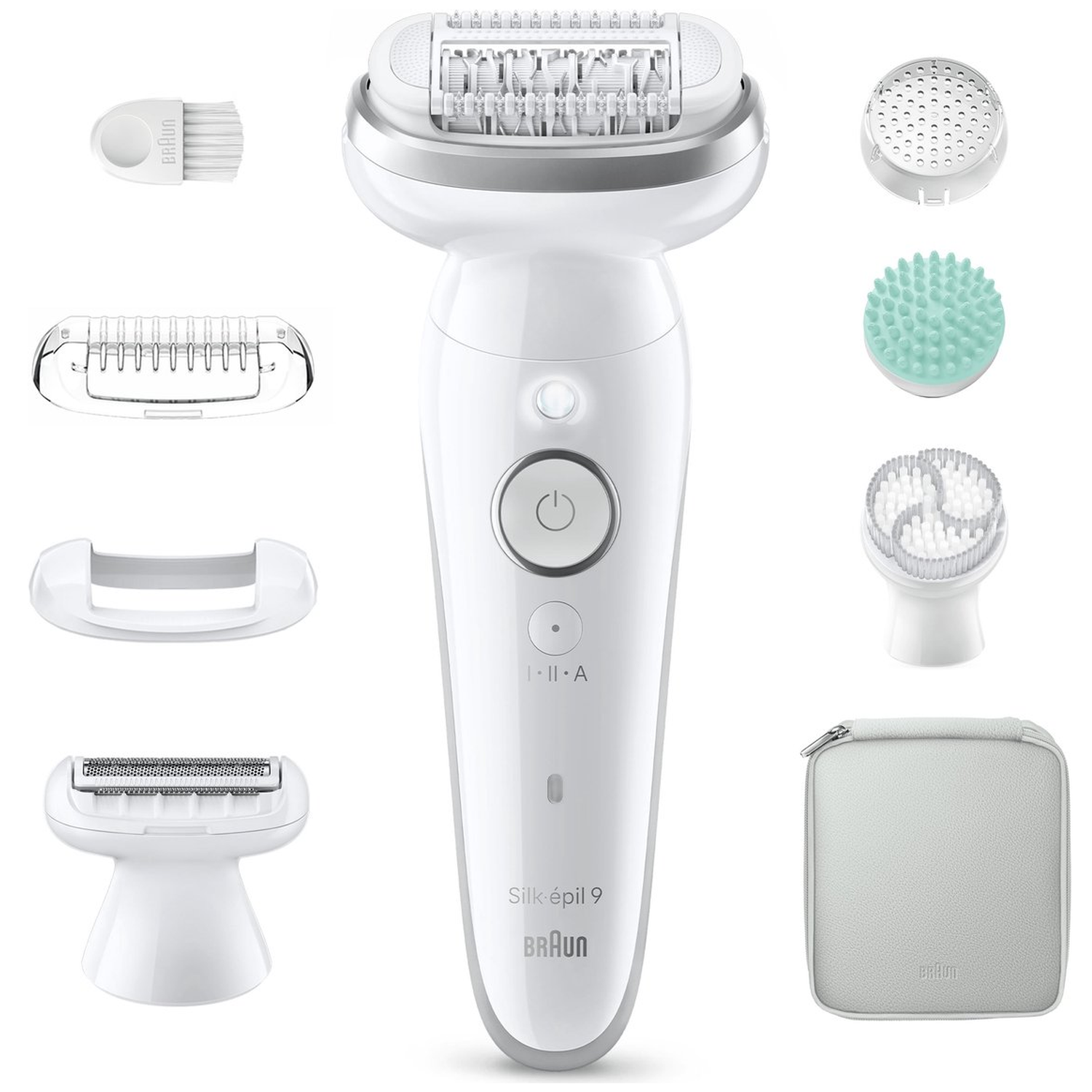 A white epilator with various attachments and a storage pouch.