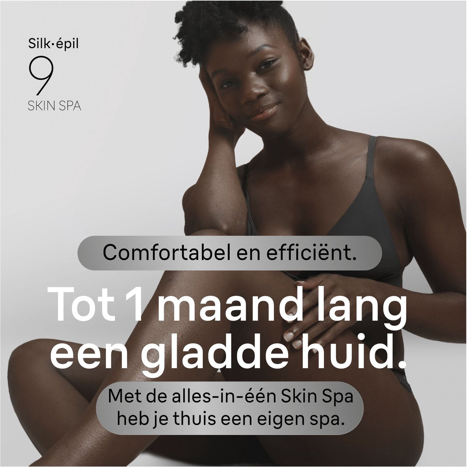 A dark-skinned woman shows smooth skin, advertising the Silk-épil 9 Skin Spa.