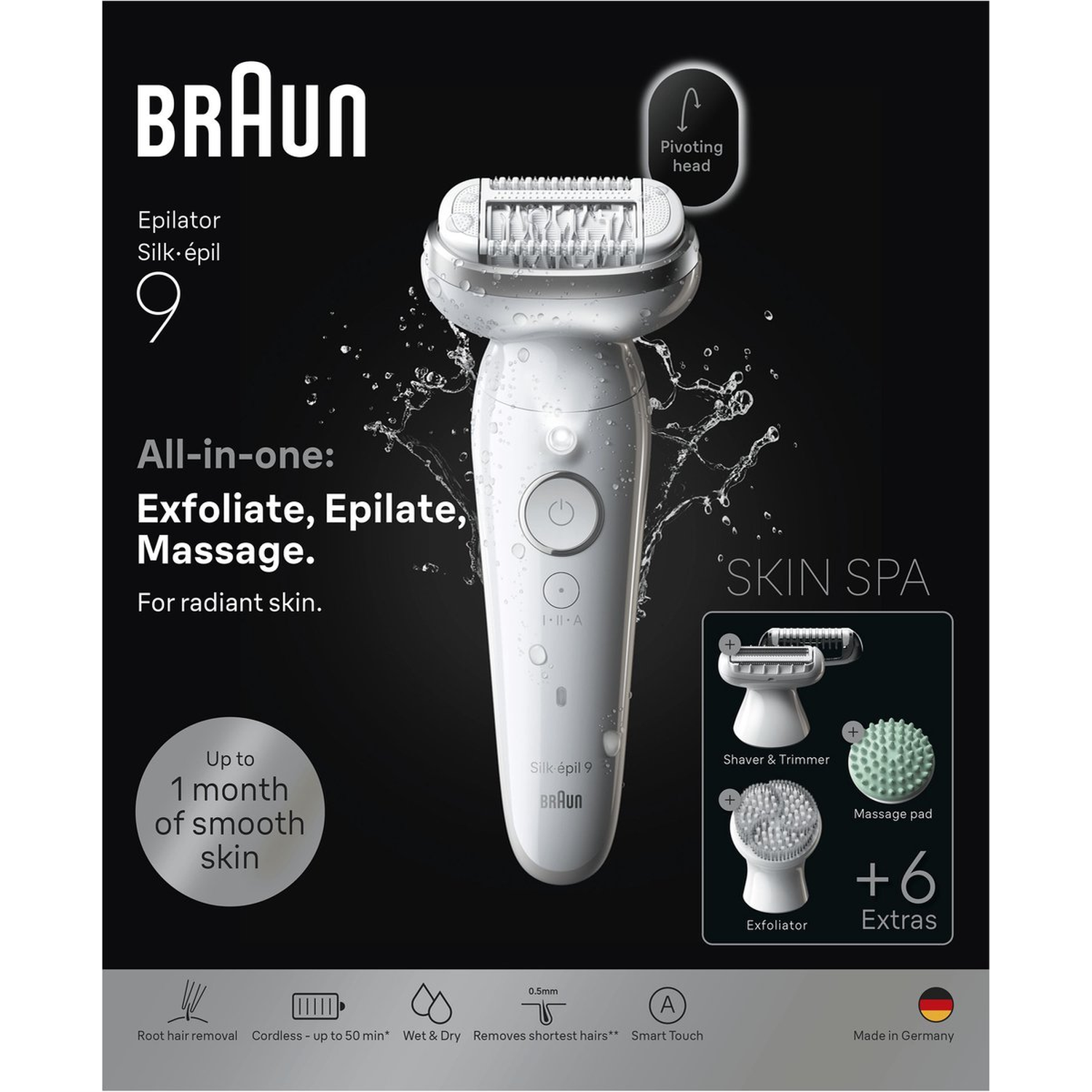 Braun Silk-épil 9 epilator with pivoting head, accessories and text.