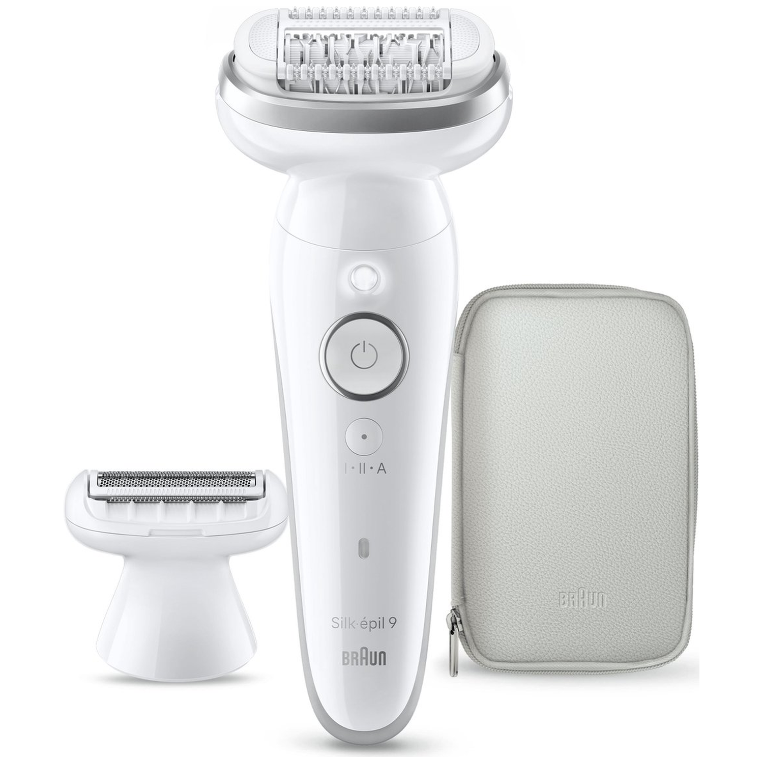 A white epilator with attachments and a pouch.