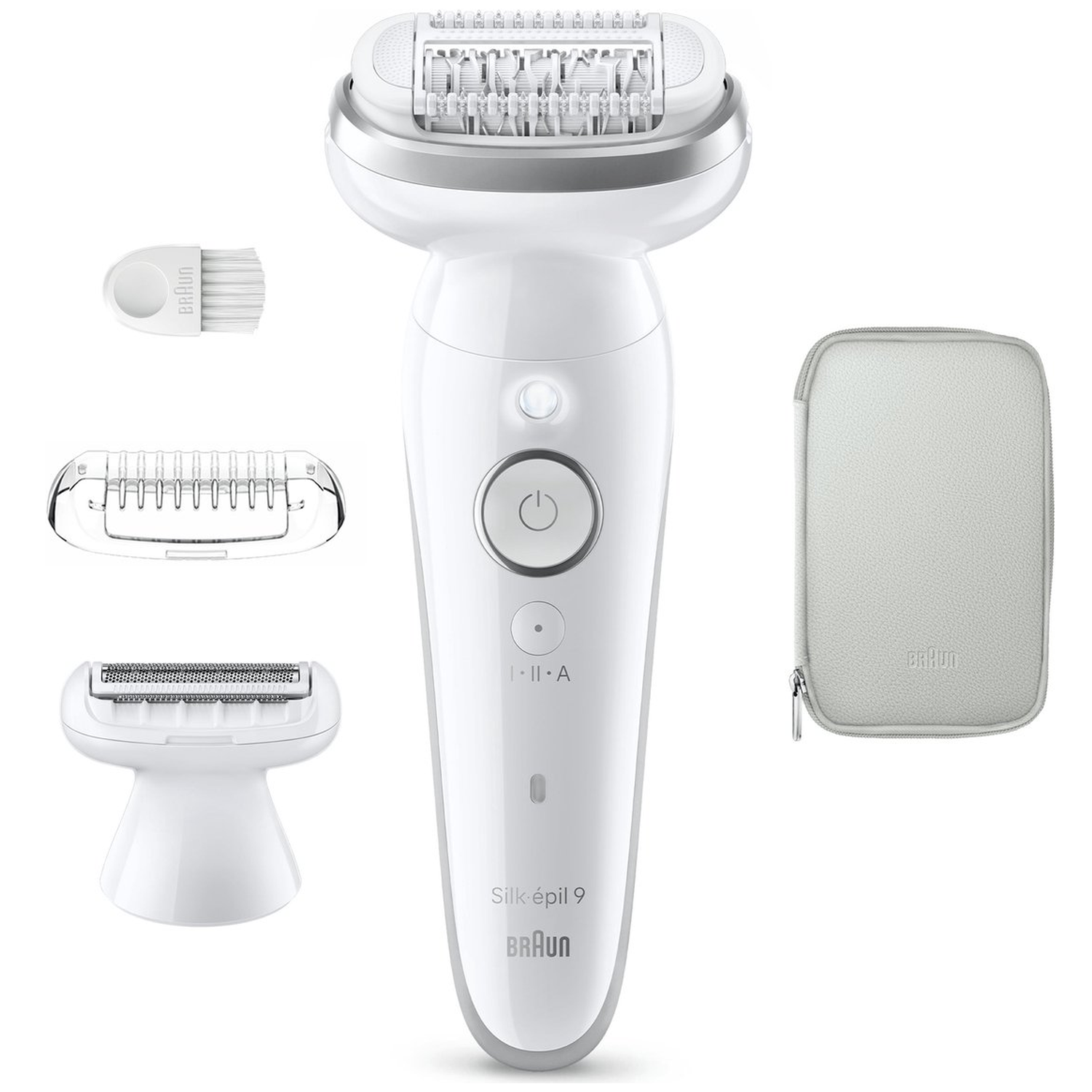 A white epilator with attachments and a gray pouch.