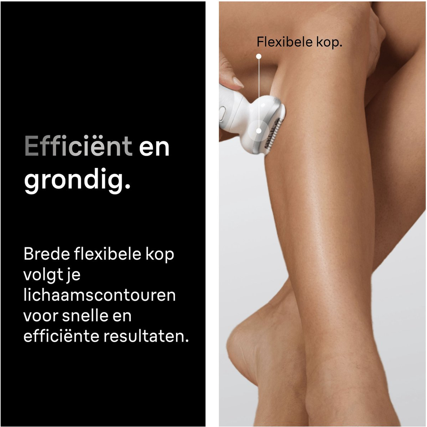A white epilator with a flexible head is used on a leg.