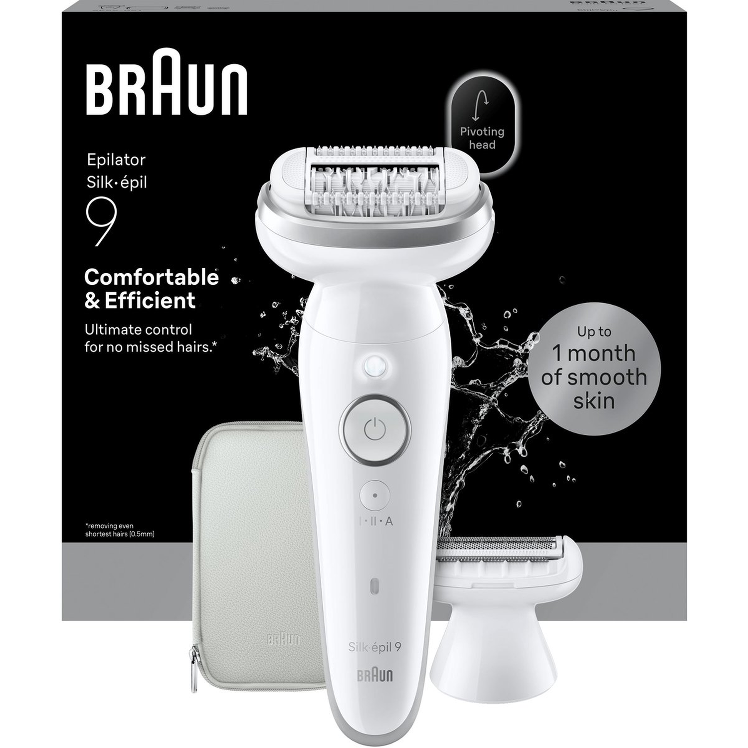 Braun Silk-épil 9 epilator with pivoting head, white. Includes pouch.