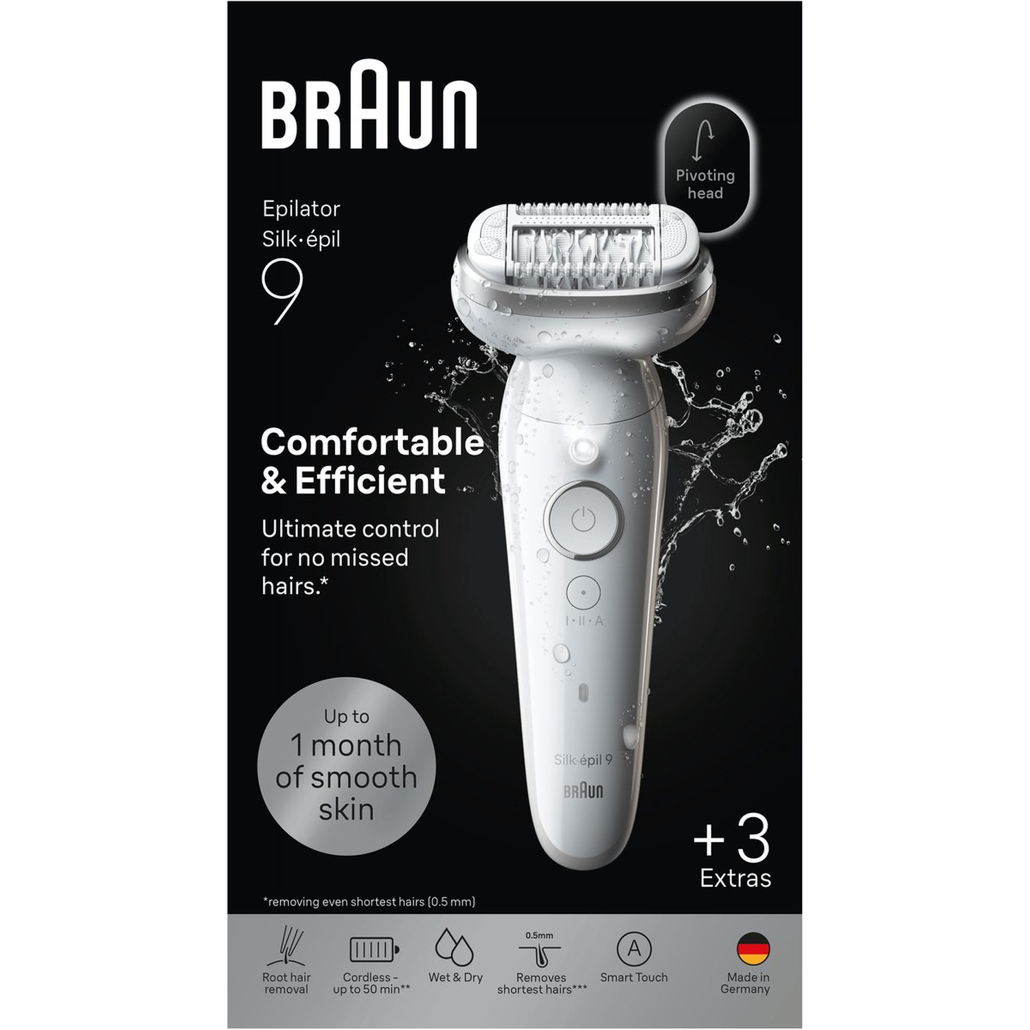 A white Braun epilator with a pivoting head, surrounded by water splashes.