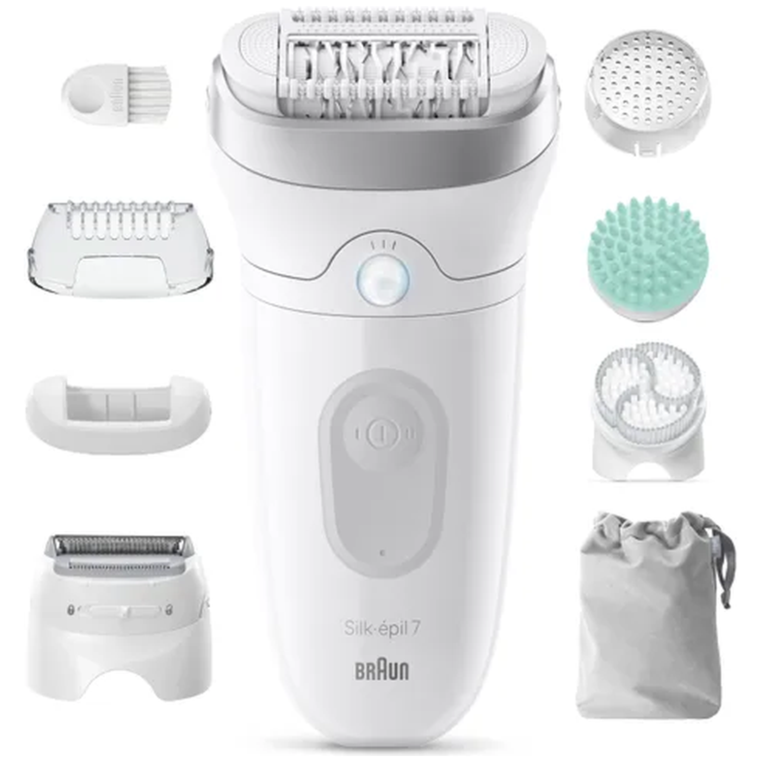 A white epilator with attachments, brushes, and a pouch, arranged around it.