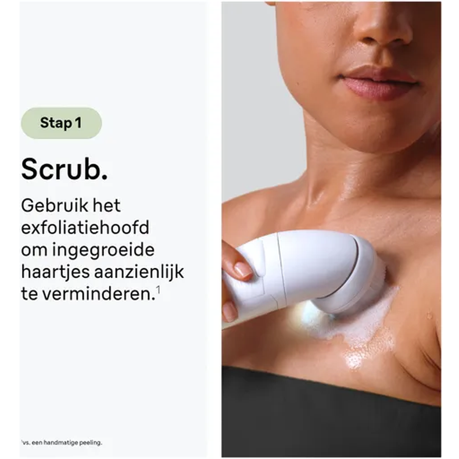 A person uses a white exfoliating device on their skin with foam.