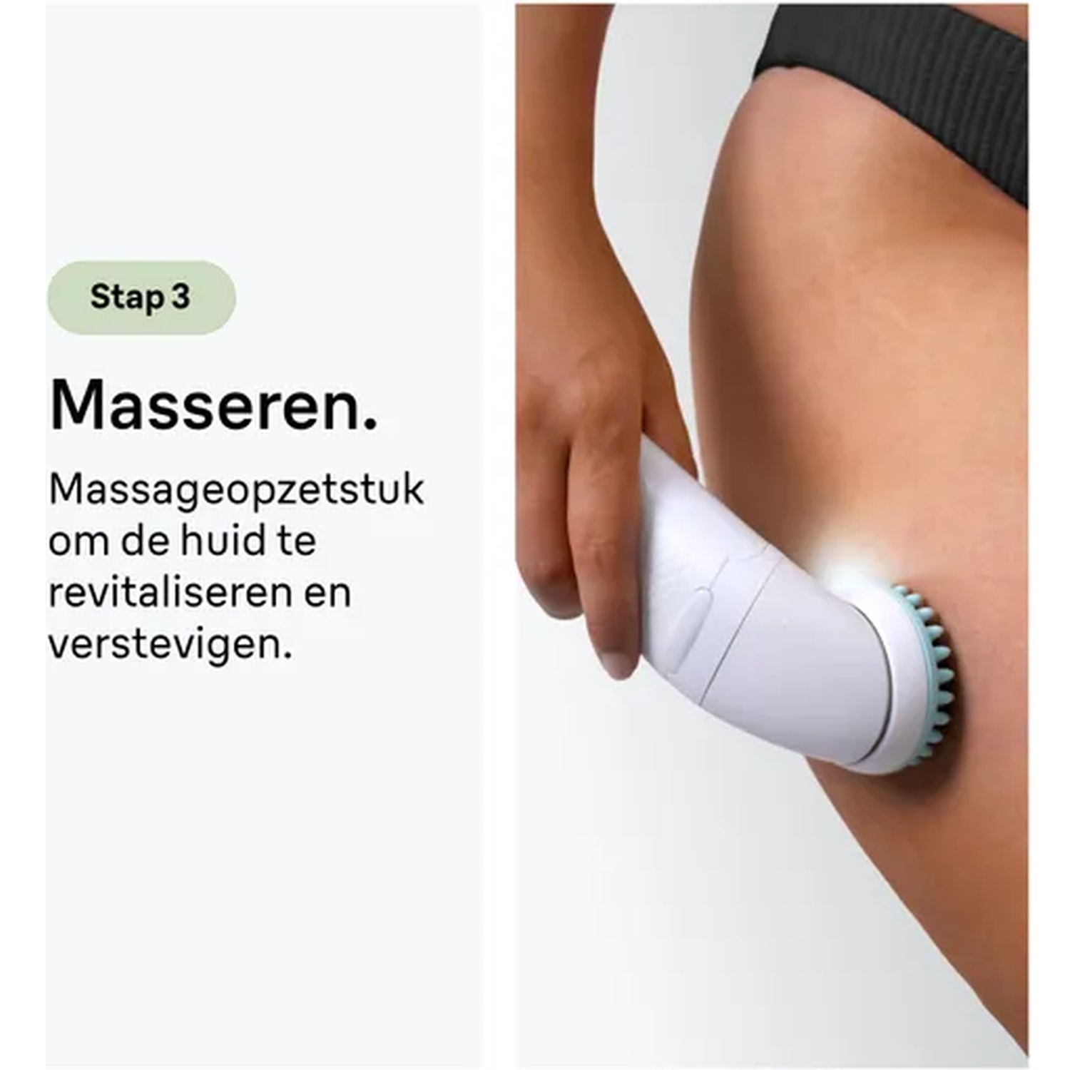 A hand uses a massaging device on skin on the thigh area.