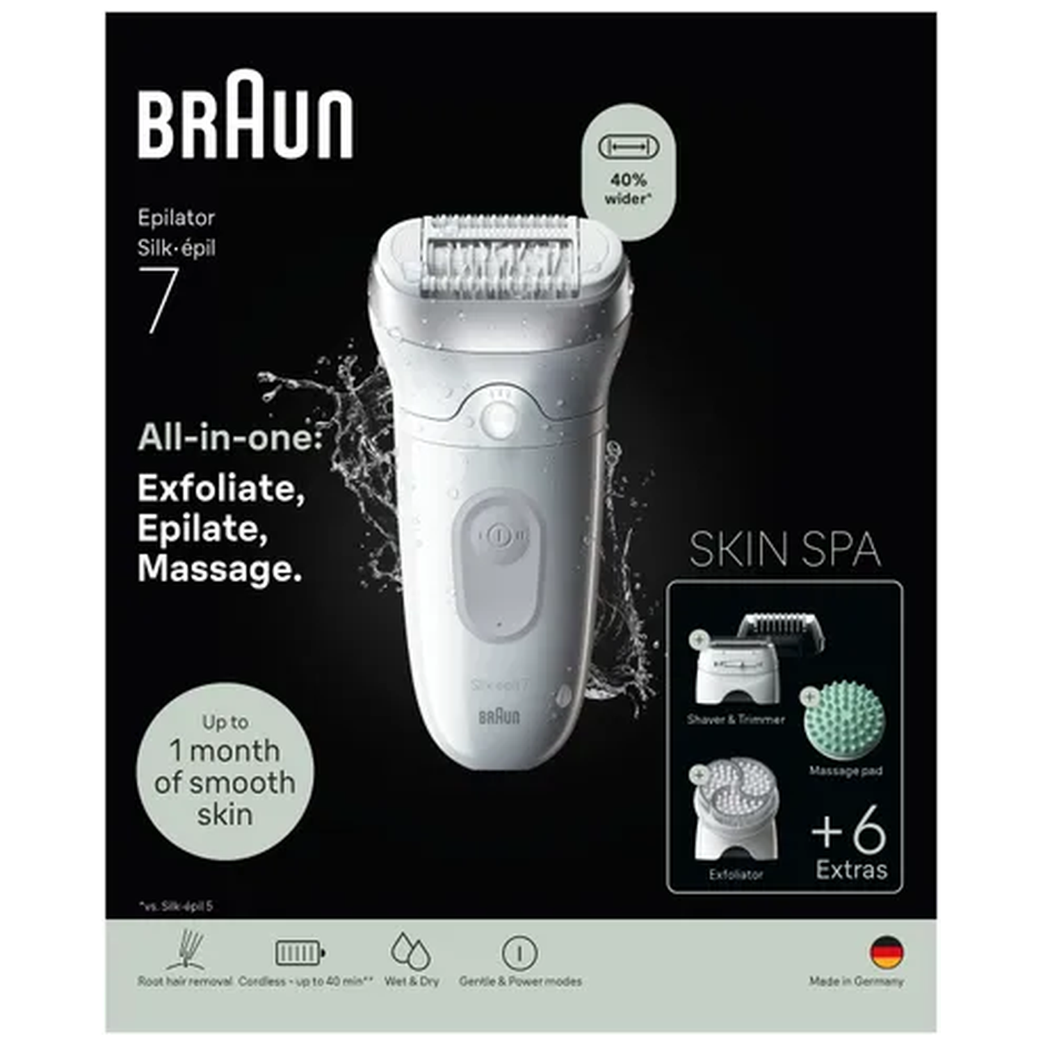 Braun Silk-épil 7 epilator with attachments: shaver, massage, exfoliator.