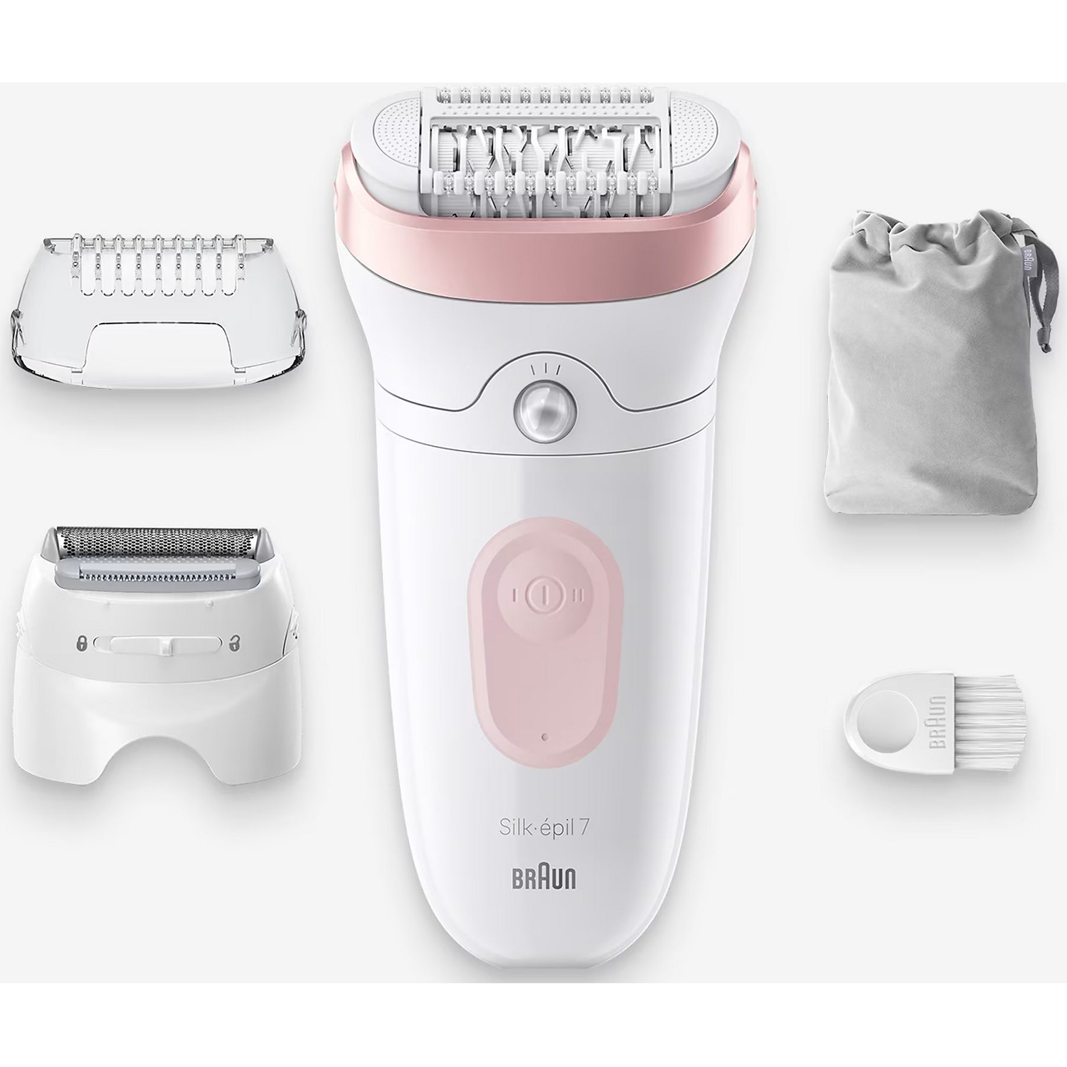 Braun Silk-épil 7 epilator with accessories: shaver head, cap, pouch, brush.