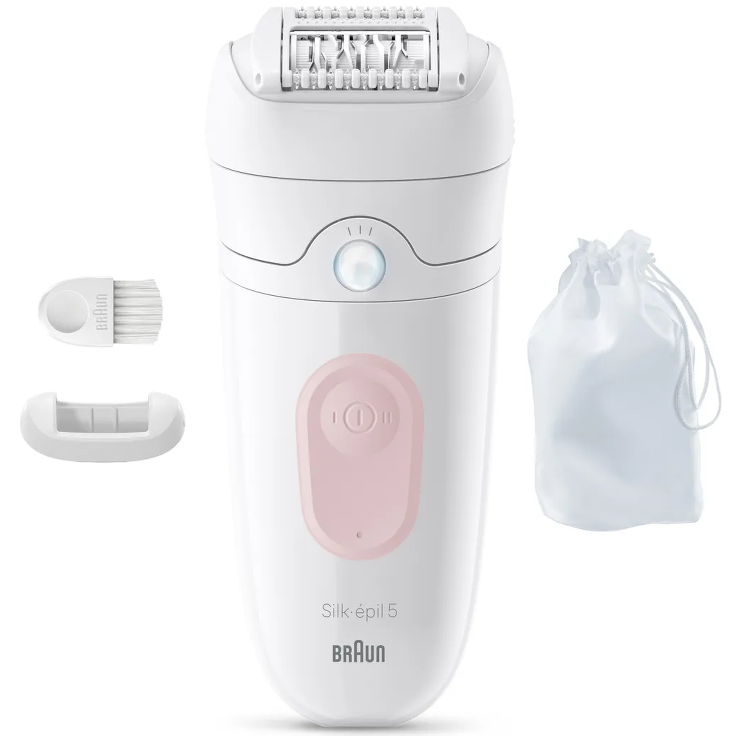 A white epilator with a pink button, brush, attachment, and pouch.