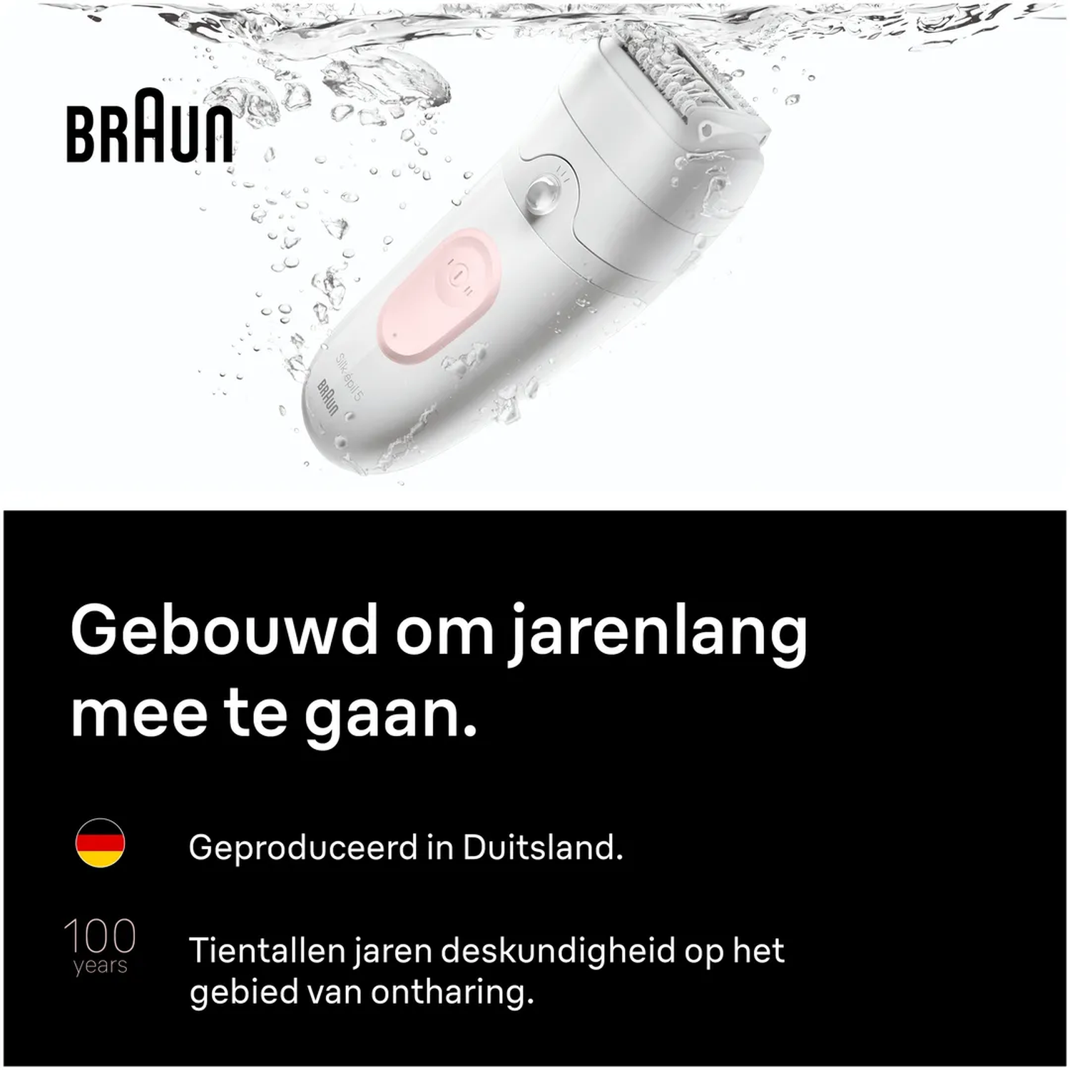 A white Braun epilator is submerged in water. Text: Built to last for years.