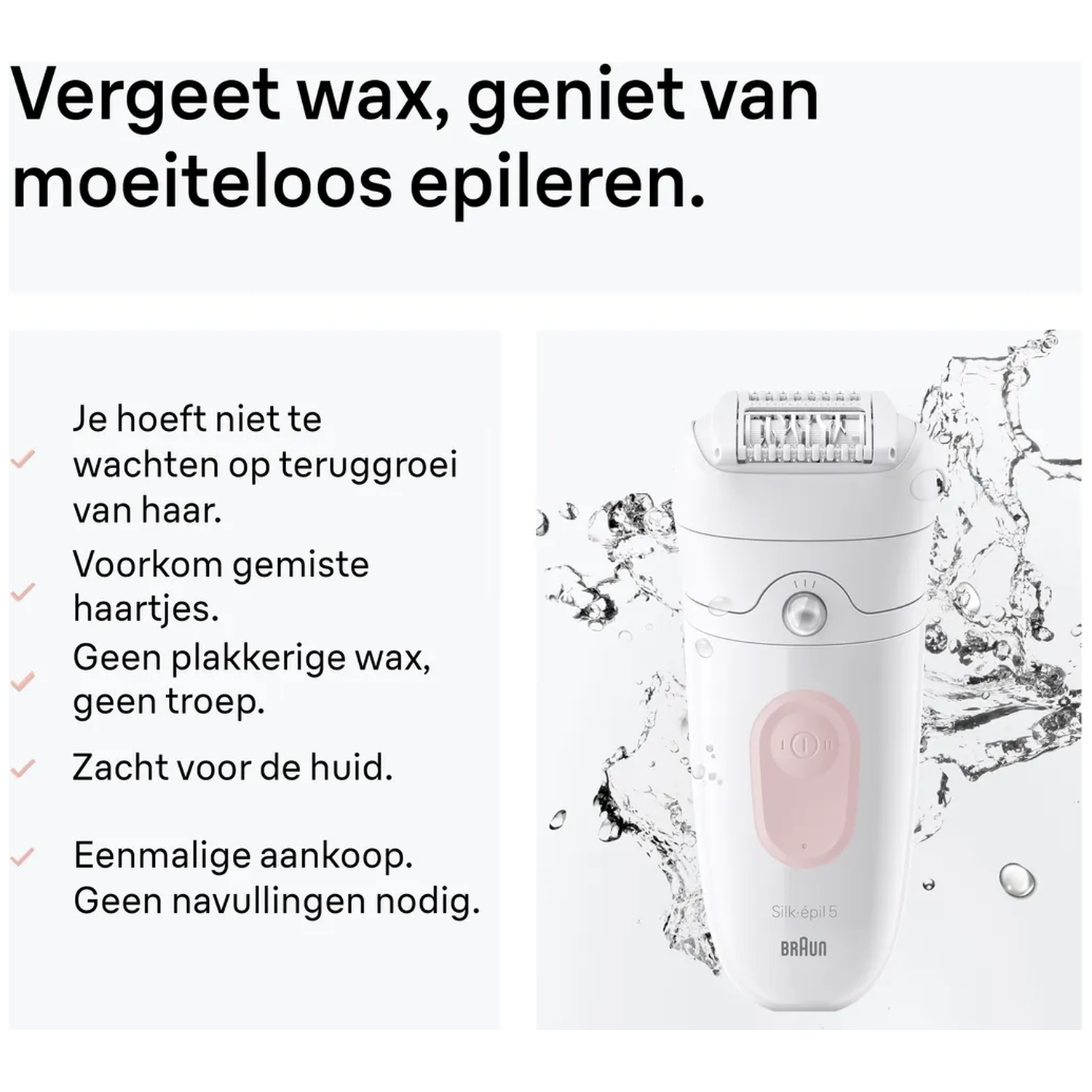 A white Braun epilator with a pink button is splashed with water.
