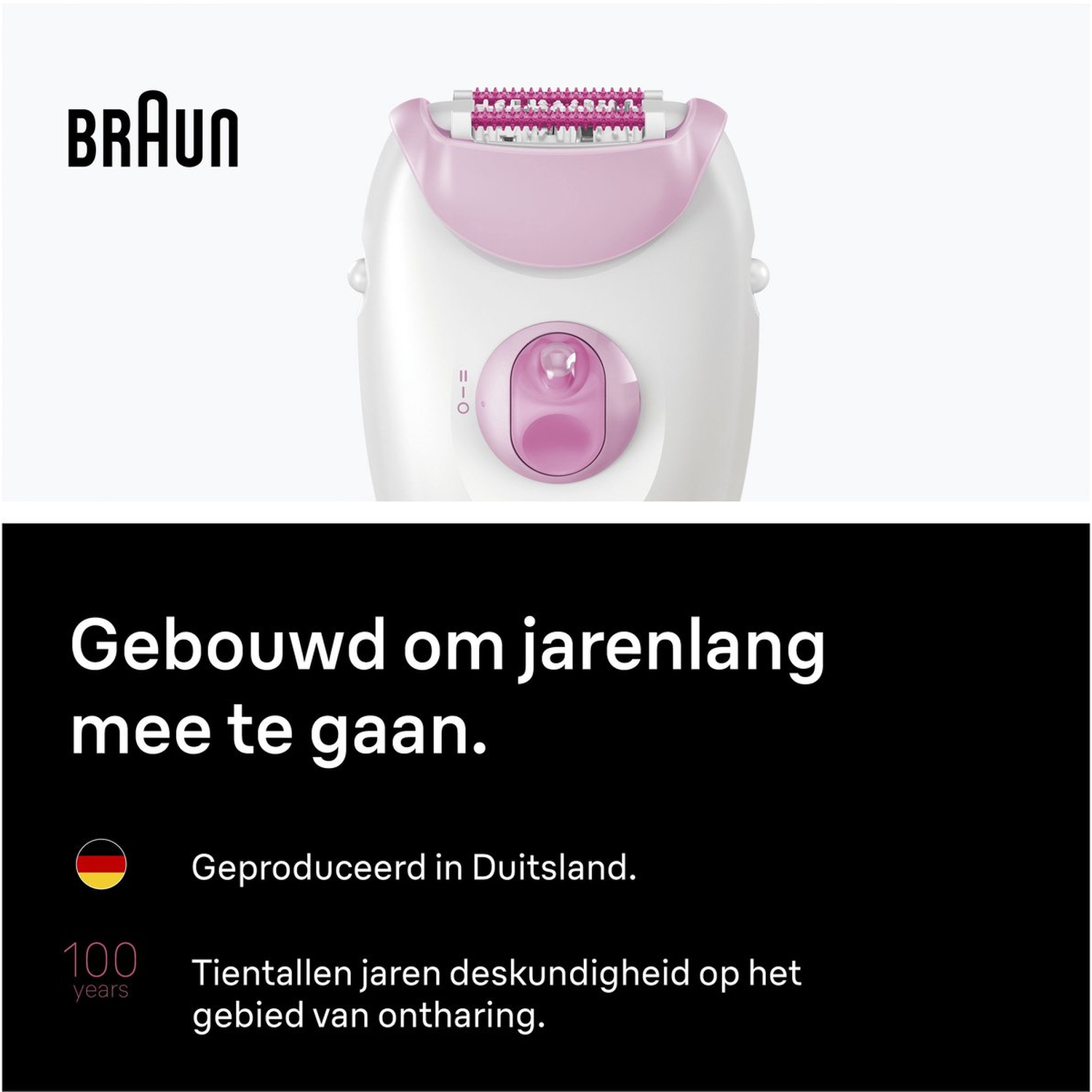Braun epilator in white and pink. "Built to last".