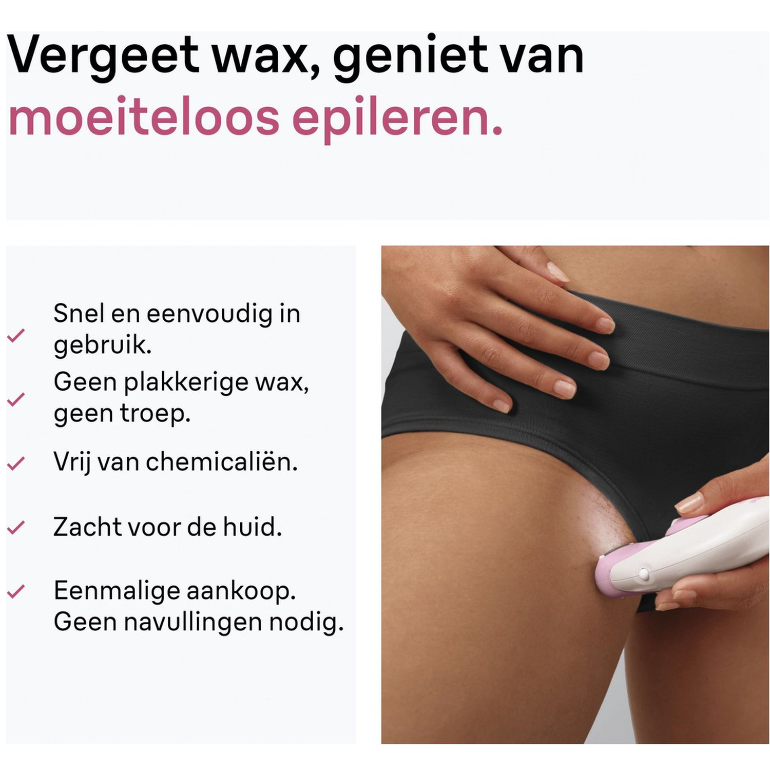 A person uses an epilator on their thigh. Text promotes effortless hair removal.