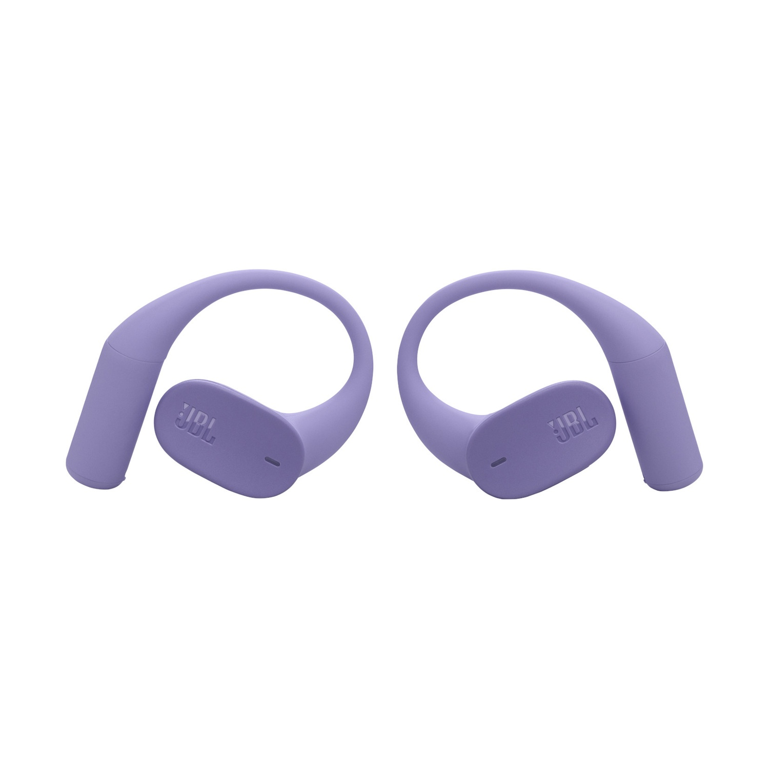 Due auricolari JBL lavanda con design a gancio, isolati su bianco.