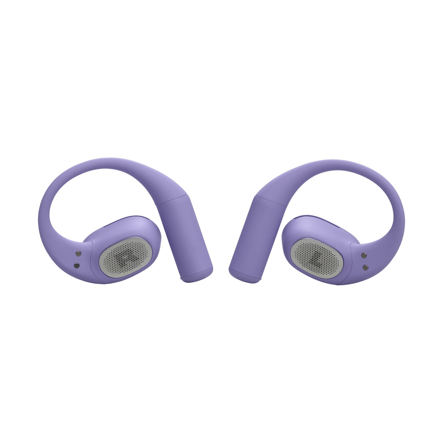 Due auricolari viola con ganci per l'orecchio, progettati per essere indossati sopra l'orecchio.