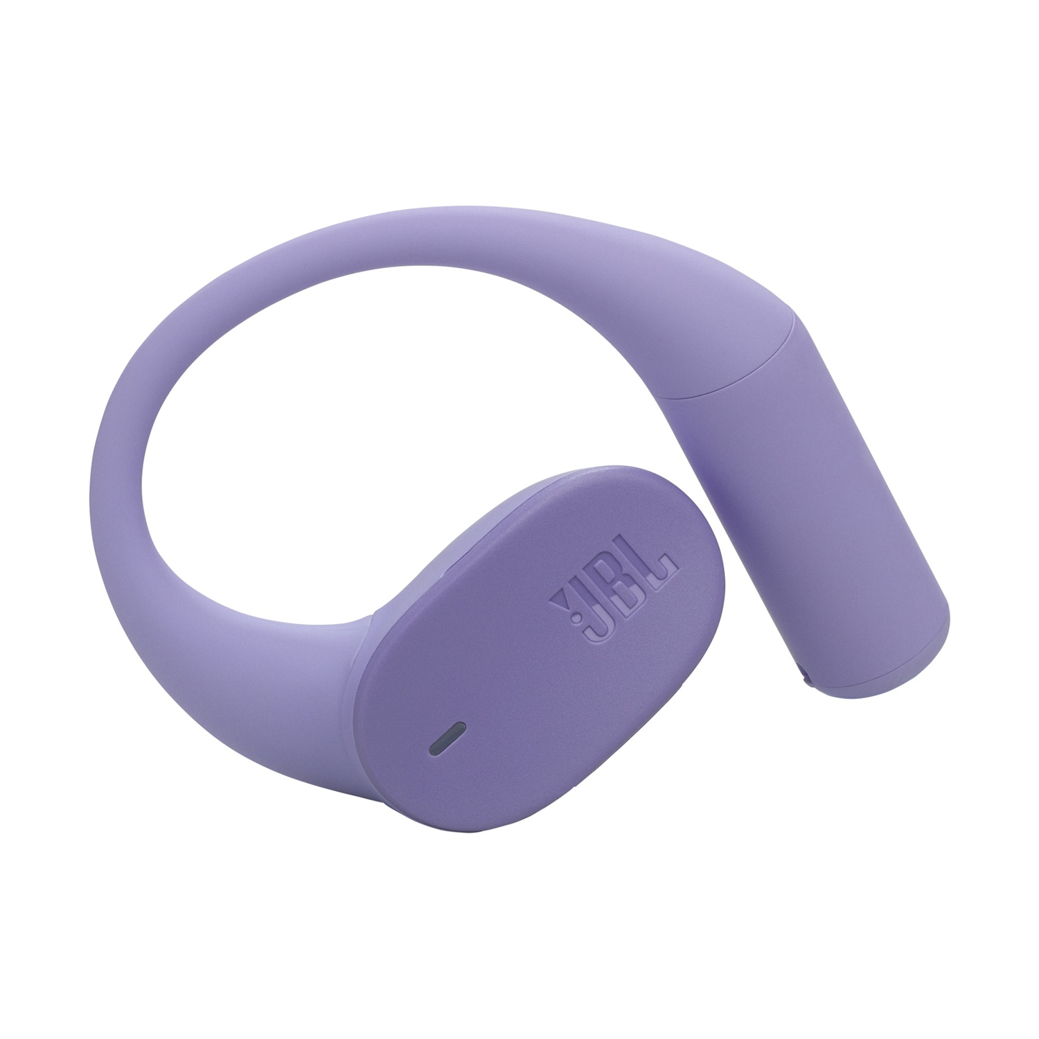 Auricolare JBL lavanda con fascia curva e design a gancio per l'orecchio.