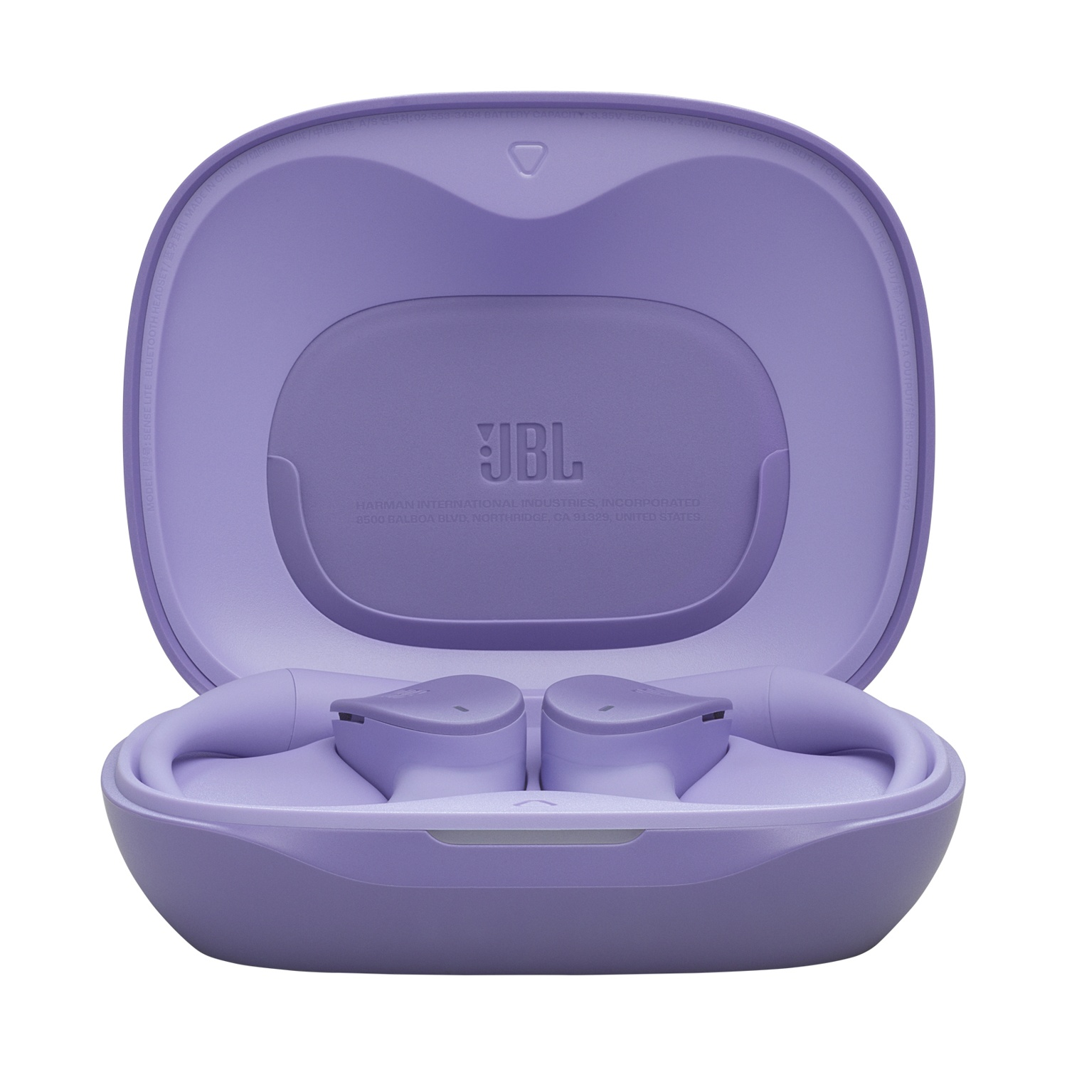 Auricolari JBL viola in custodia di ricarica aperta su sfondo bianco.