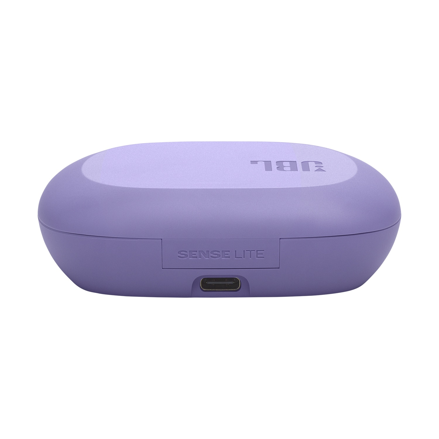 Custodia di ricarica viola con testo JBL e Sense Lite, porta USB-C.