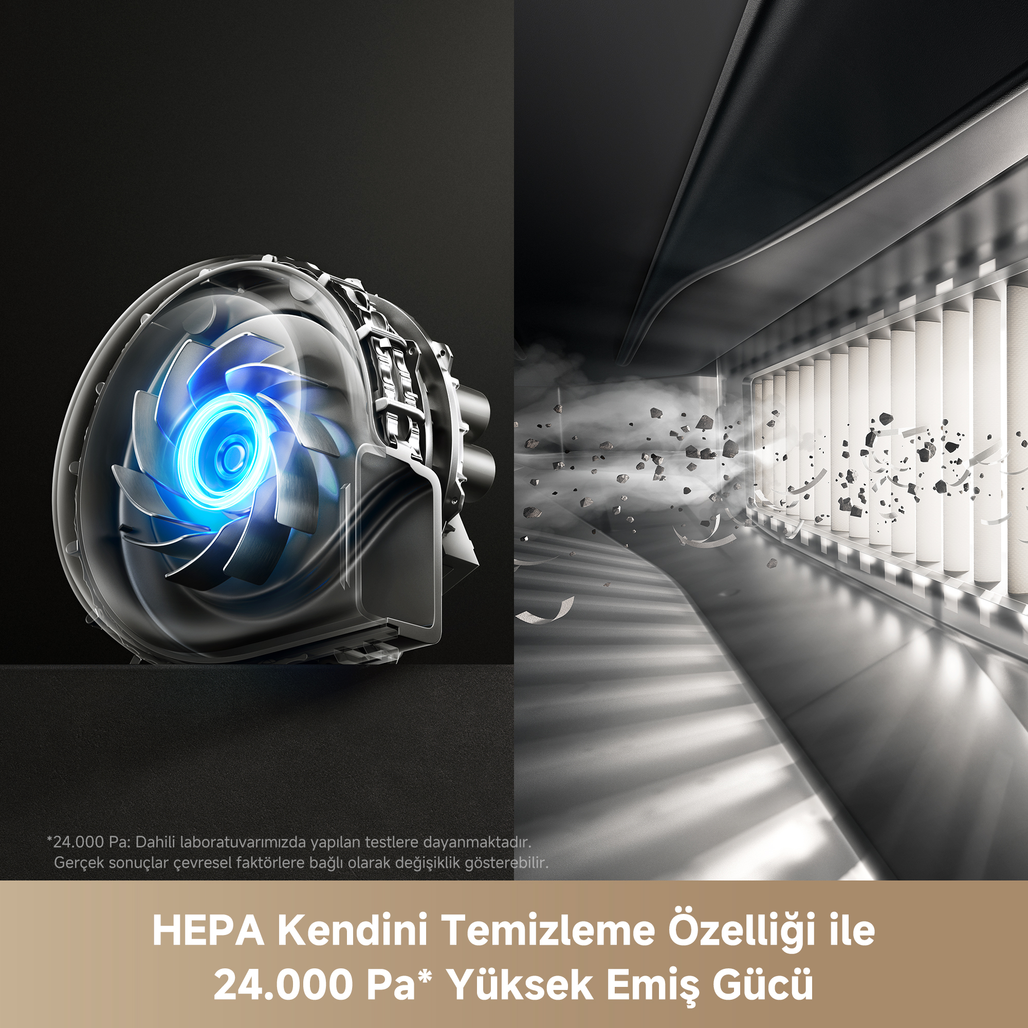 Mavi ışıklı vakum motoru ve kir parçacıklı hava akışı.