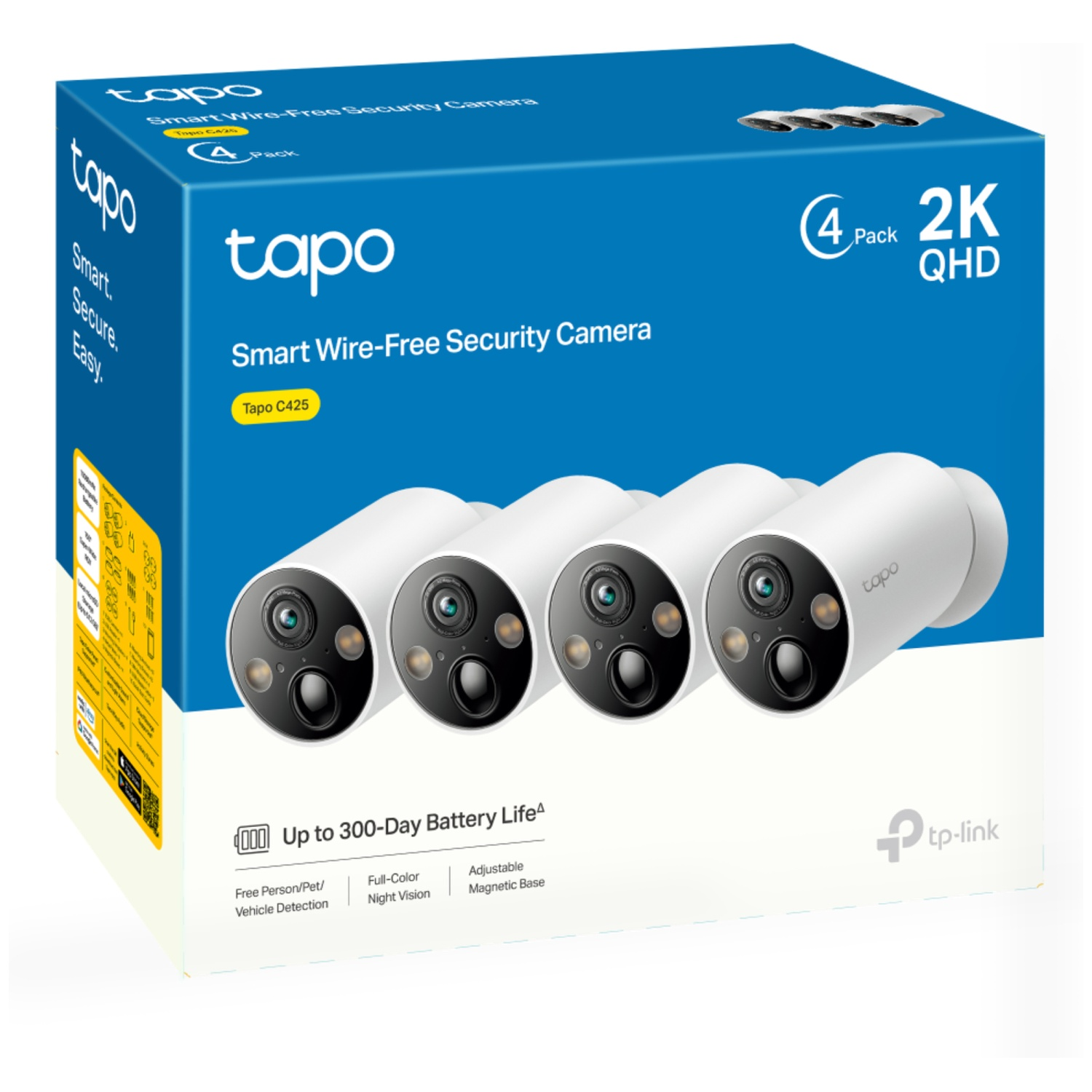 Box of 4 white Tapo smart wire-free security cameras, 2K QHD, 300-day battery.