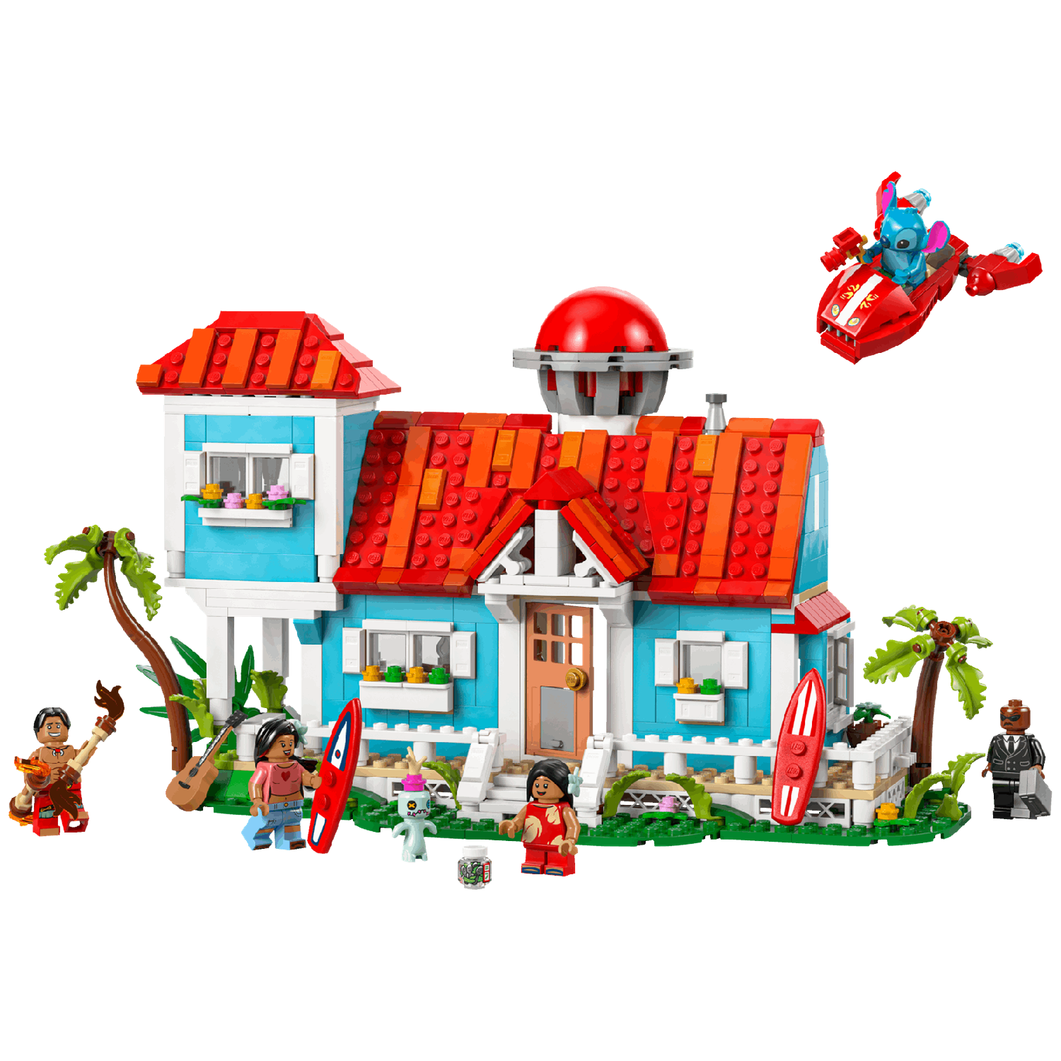 Une maison bleue au toit rouge, des figurines et une voiture rapide rouge.