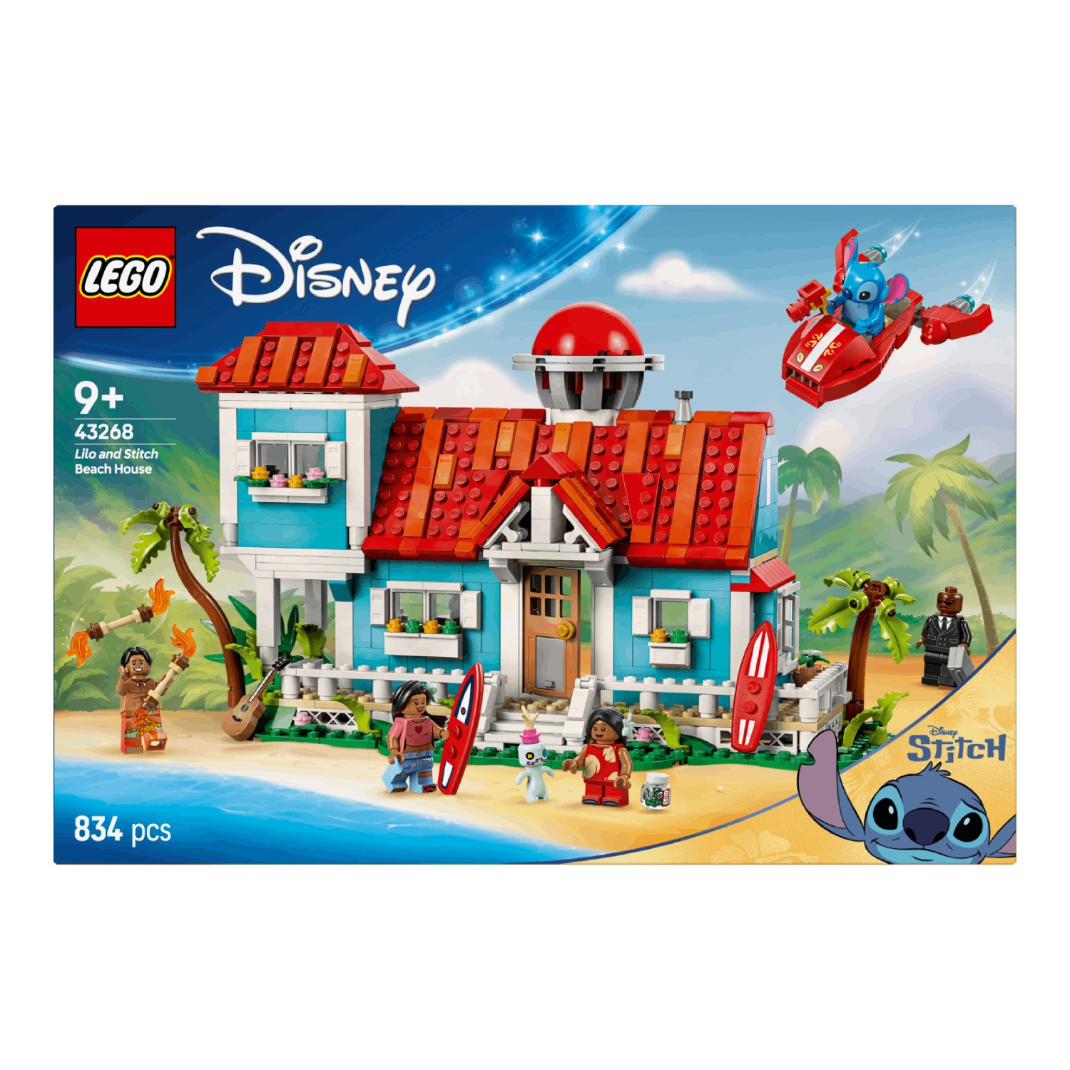 Maison de plage LEGO Lilo et Stitch avec figurines, planches de surf et véhicule volant.