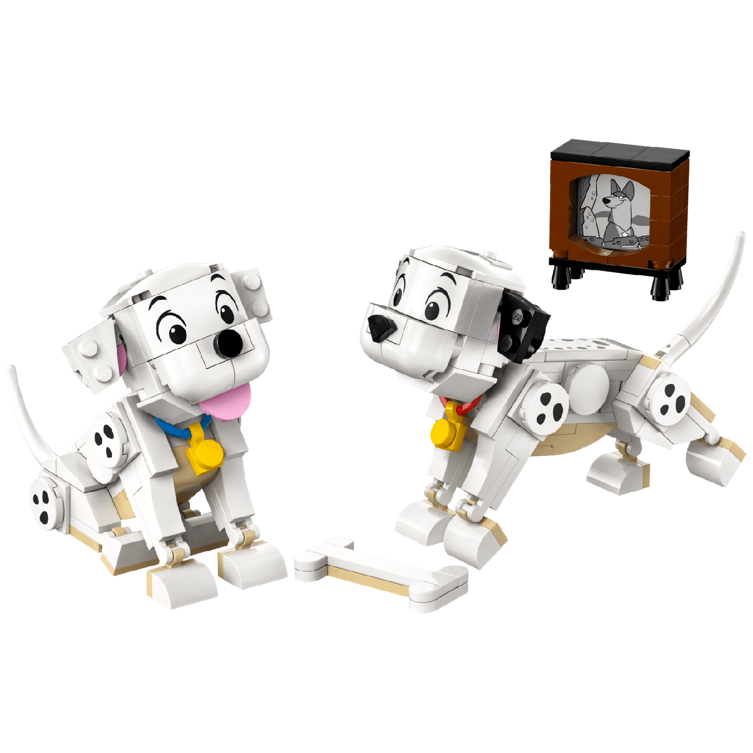 Deux chiots dalmatiens blancs Lego avec un os et une télévision.
