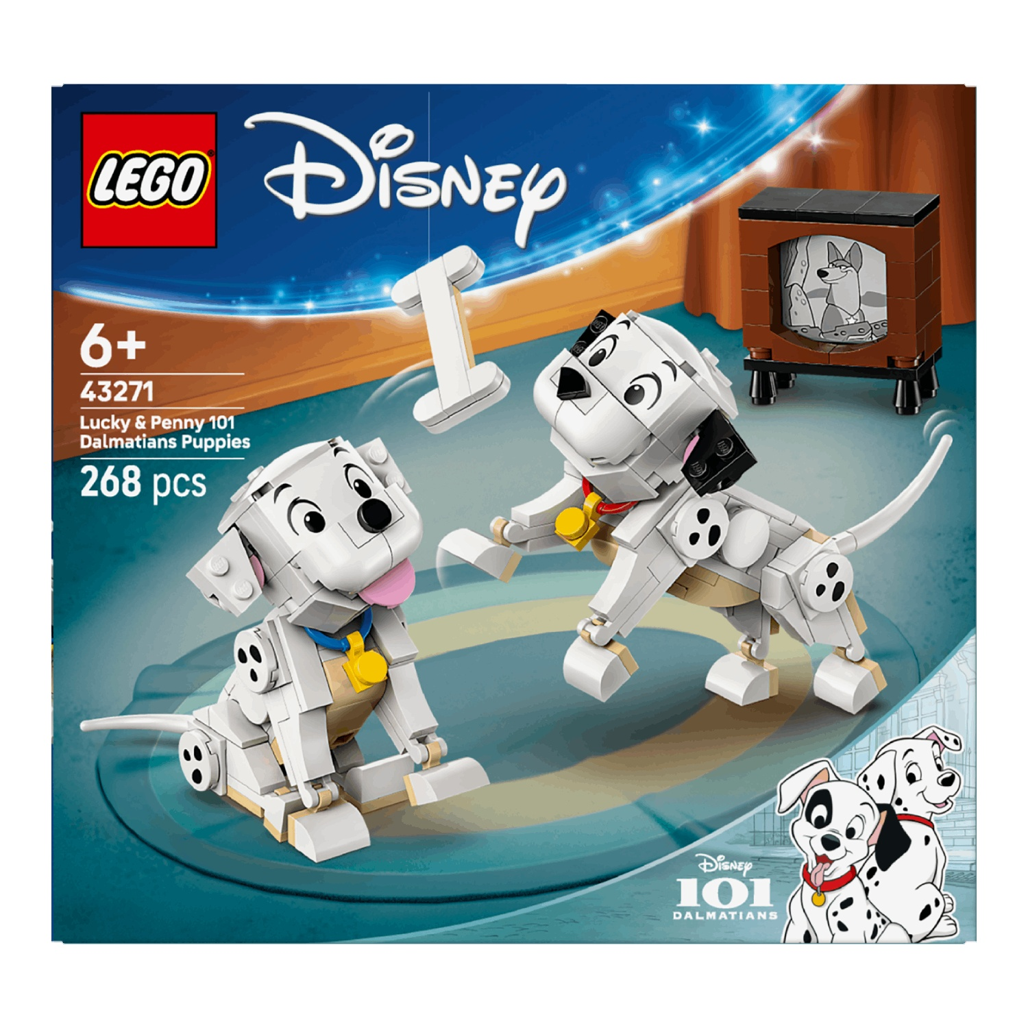 Set LEGO avec 2 chiots dalmatiens et une TV rétro.