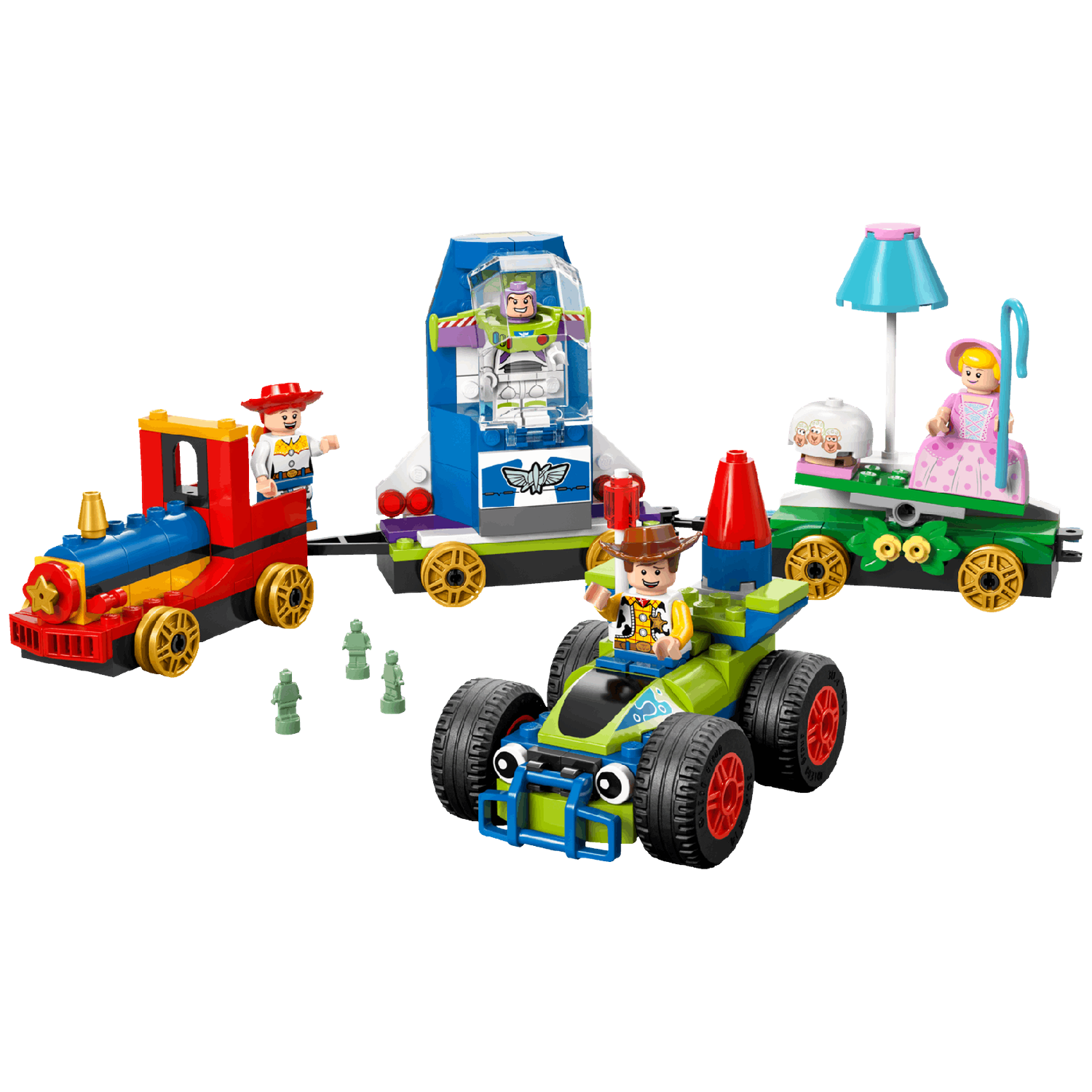 Train jouet Lego avec Buzz Lightyear, Woody et Bo Peep sur remorques.