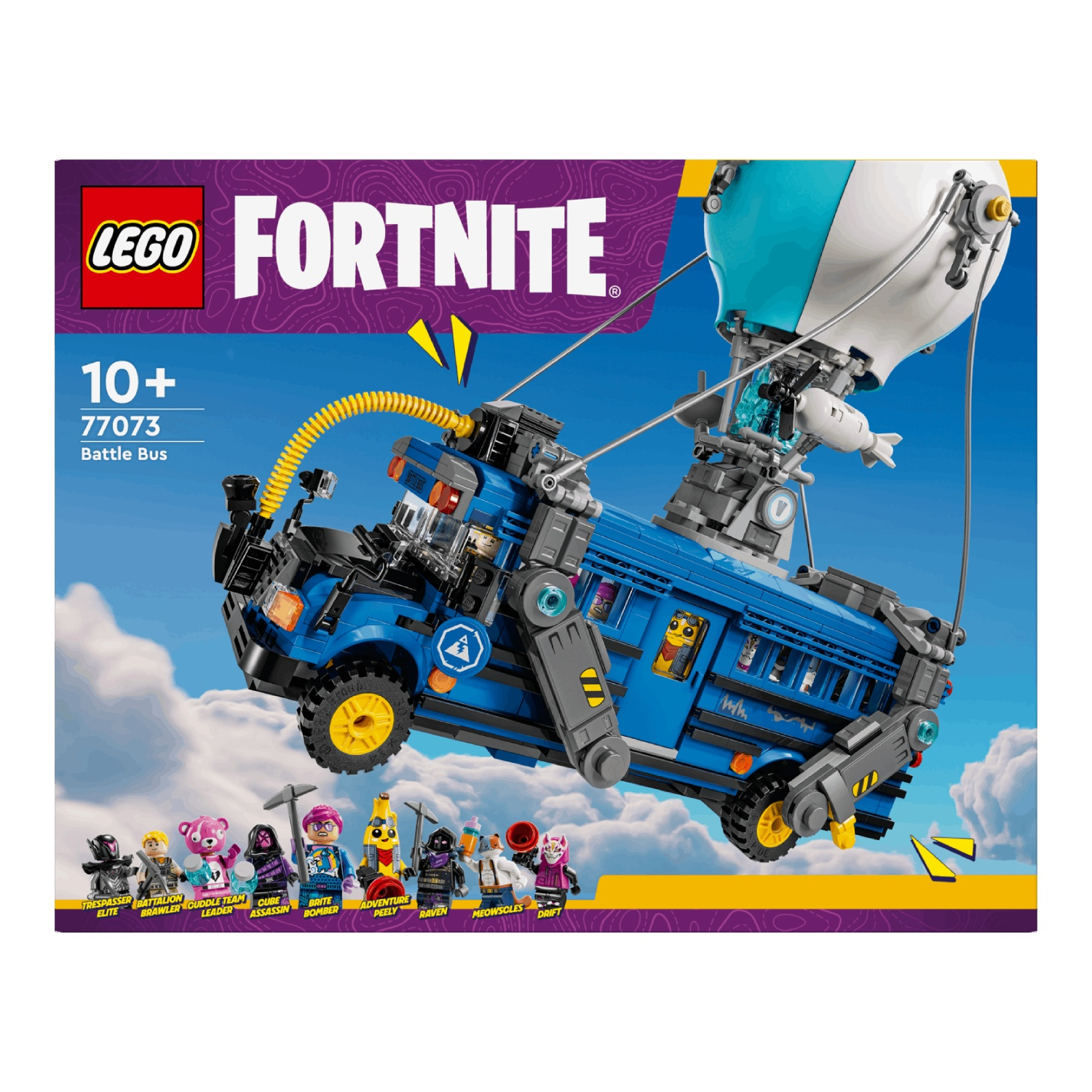 Lego Fortnite Battle Bus set with figures floats above the clouds.