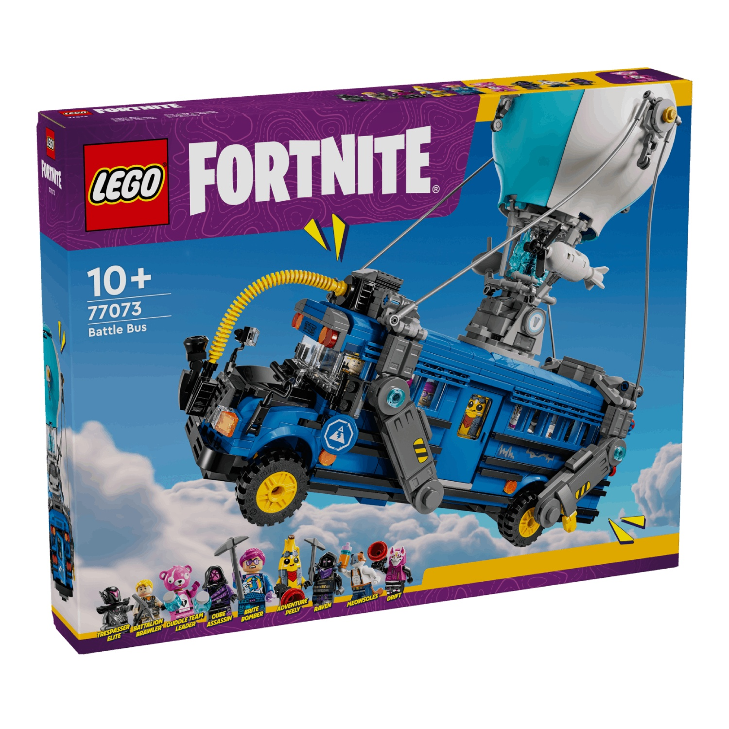 LEGO Fortnite Battle Bus set with figures, floating in the sky. Includes bus and minifigures.