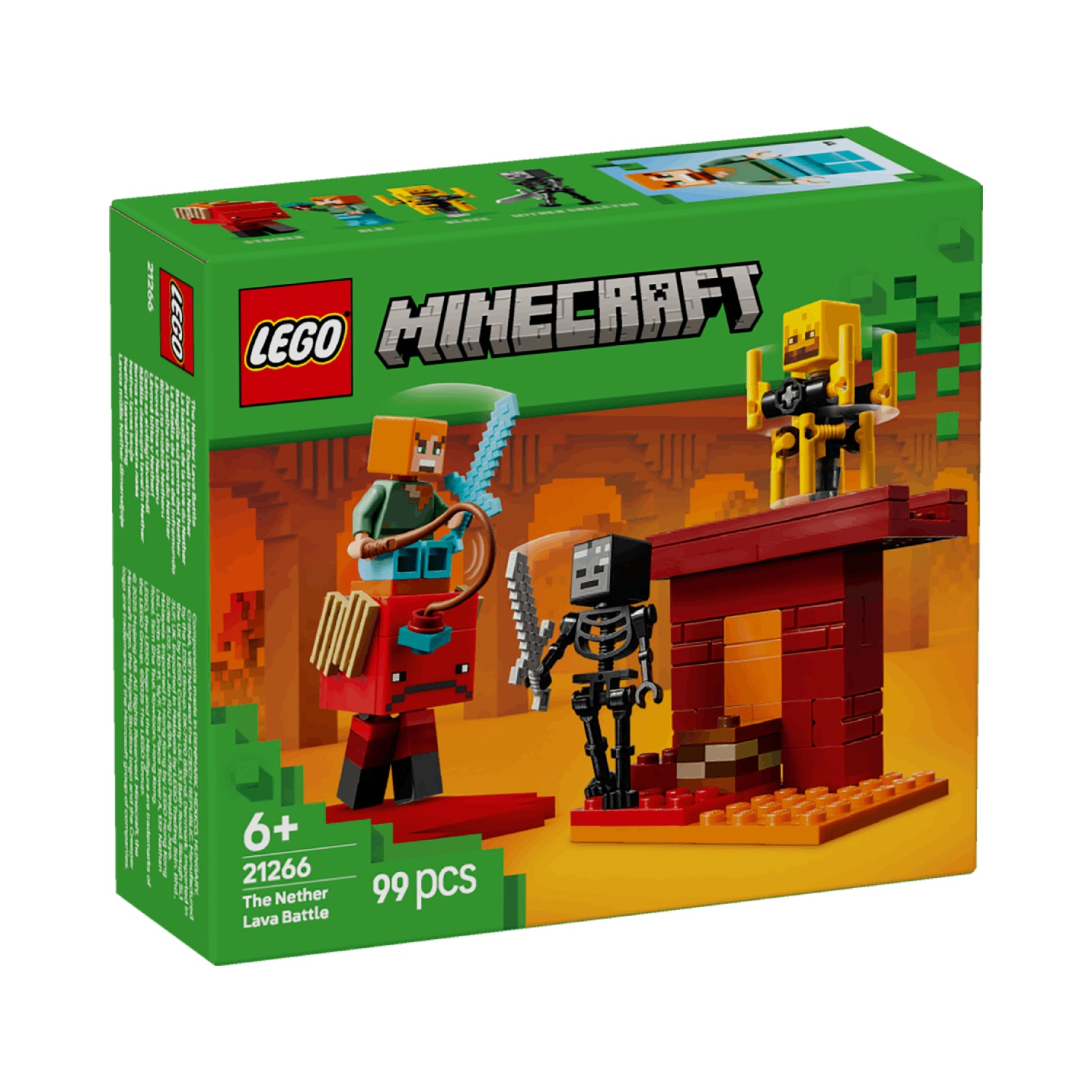 Set LEGO Minecraft avec Alex, un squelette et un cube de magma dans le Nether.