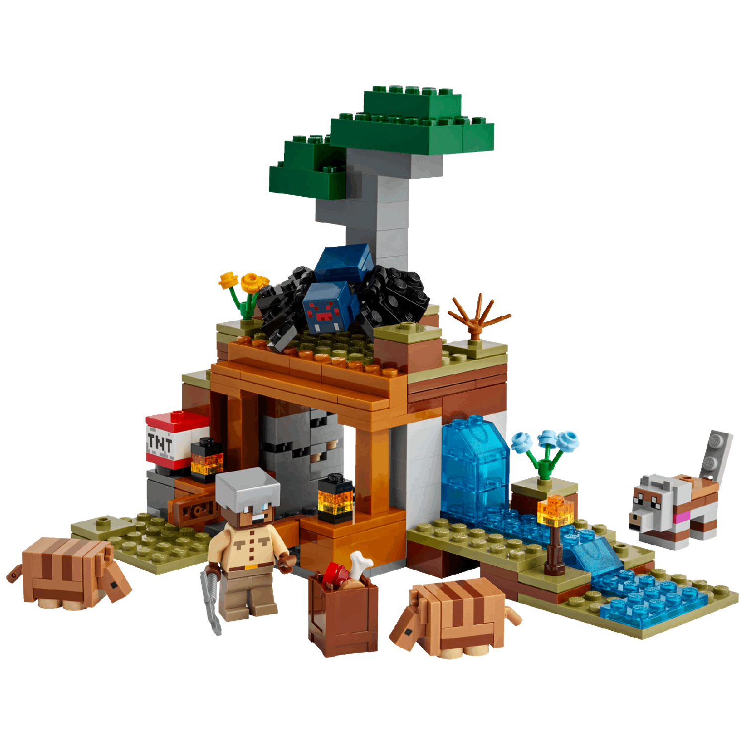 Un set Minecraft avec des personnages, des animaux, une cabane dans les arbres et une cascade.