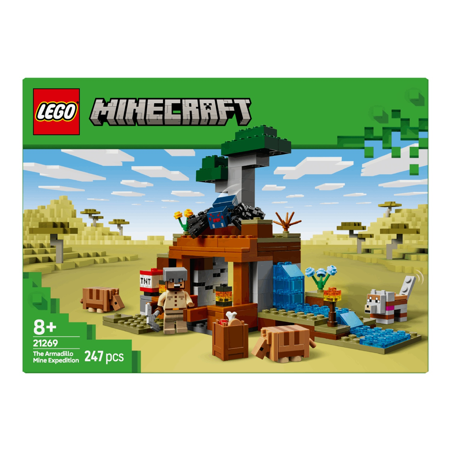 Set LEGO Minecraft avec figurines, animaux et une construction sur le thème du désert.