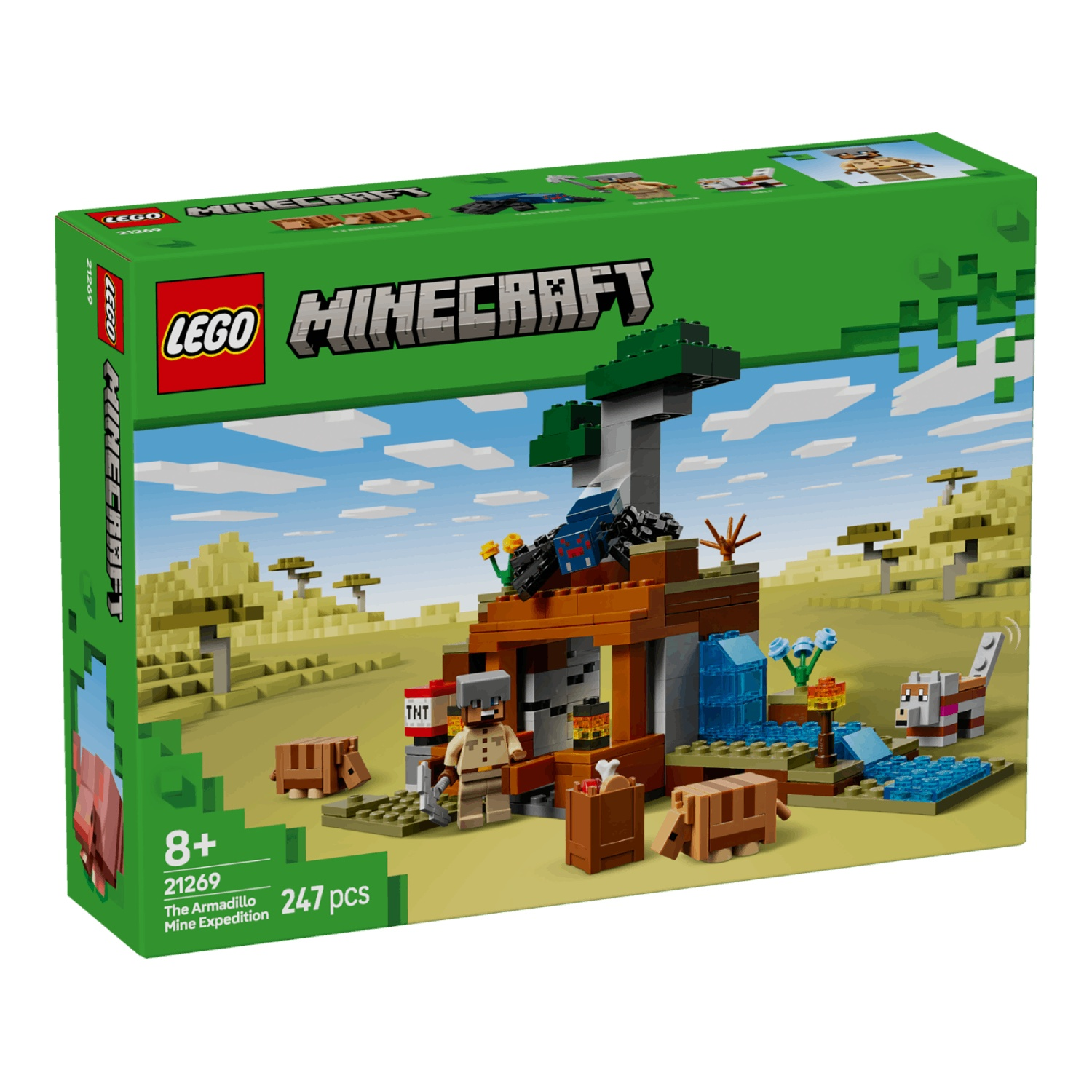Set LEGO Minecraft avec une mine, des figurines et des animaux dans un paysage désertique.
