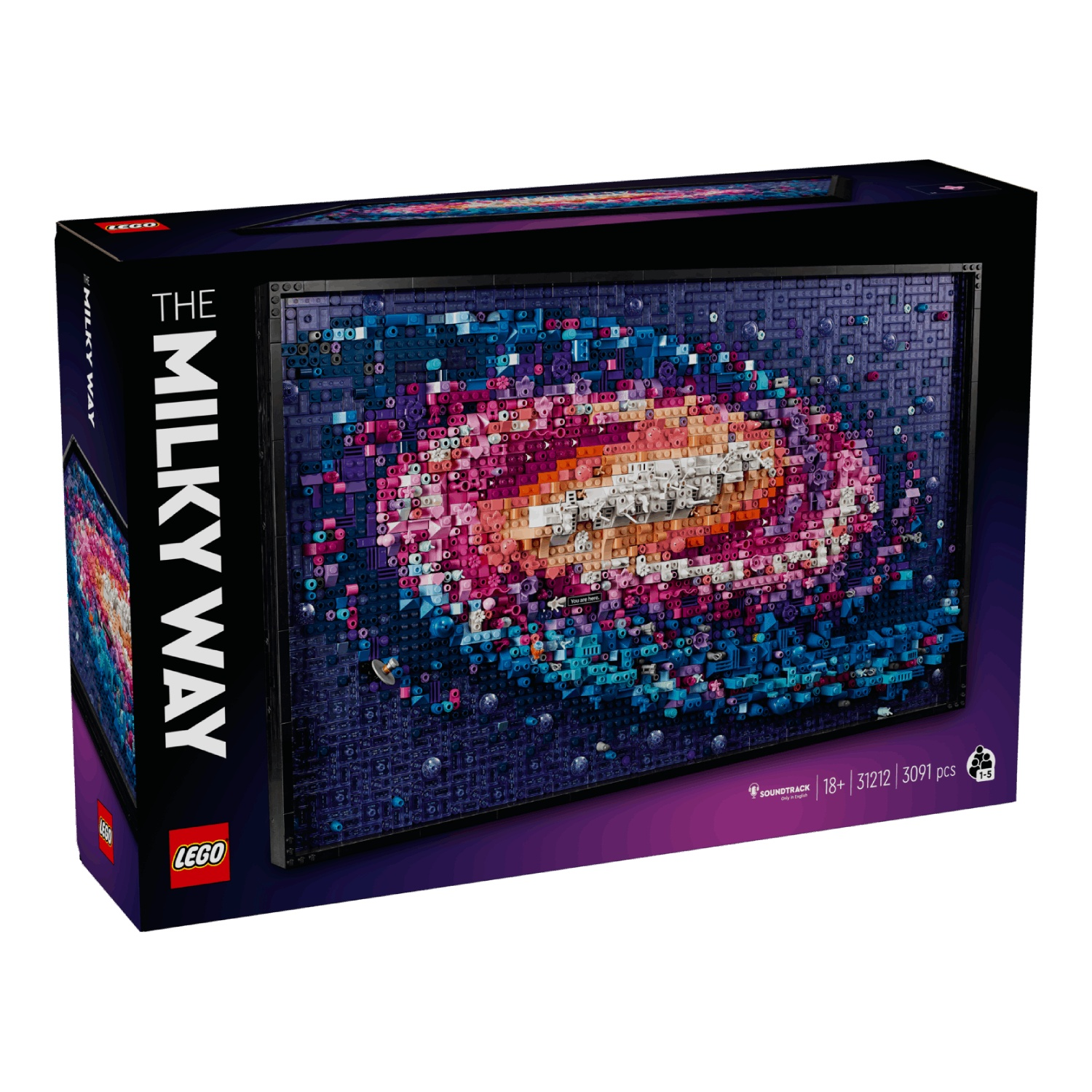 Lego box featuring a Milky Way mosaic in purple, blue, and pink colors.