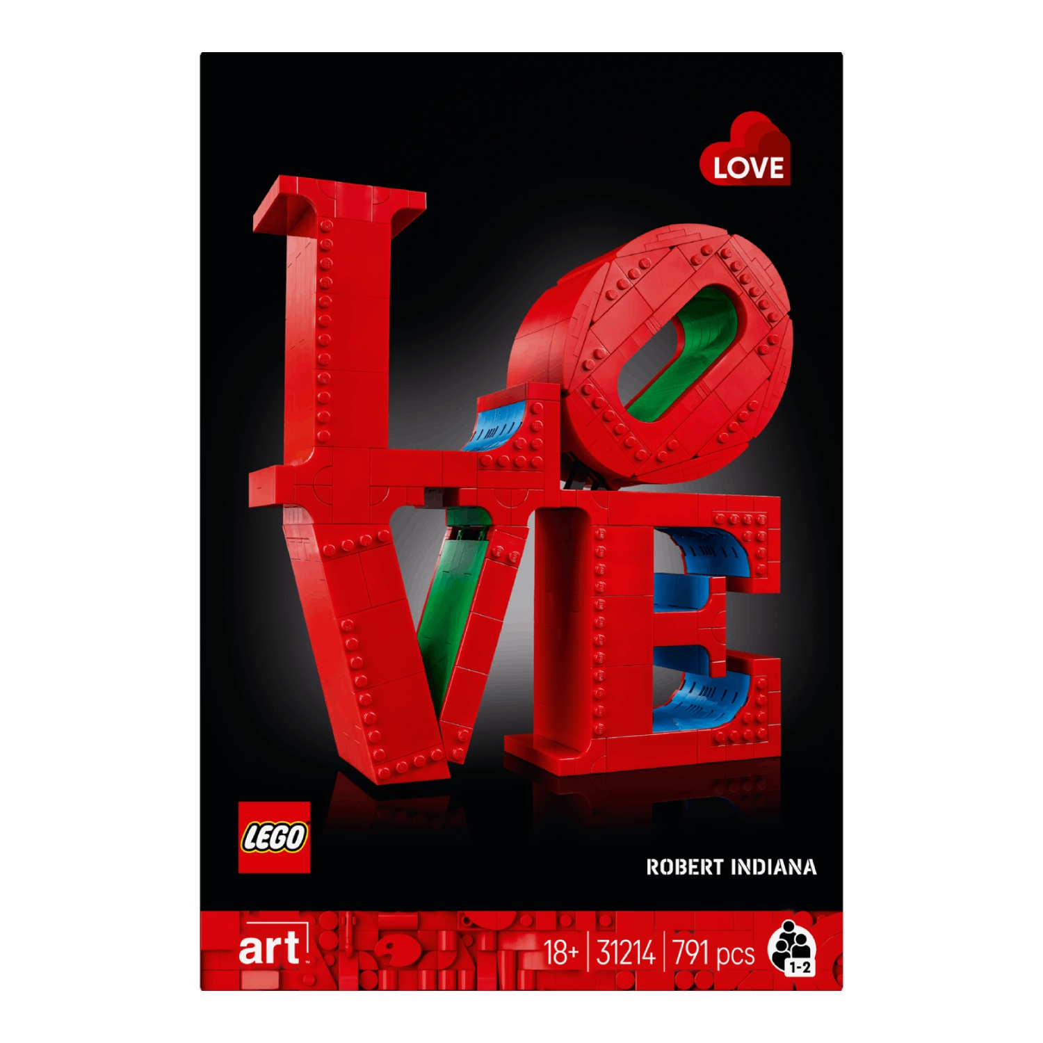 Red LEGO letters spell out "LOVE" against a black background.