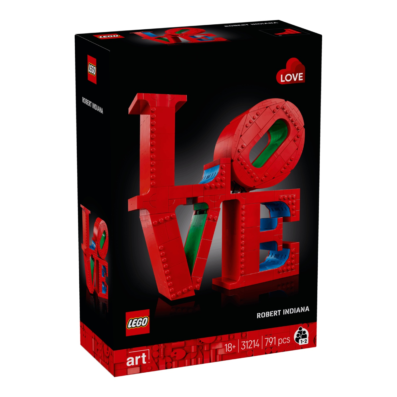 Red Lego letters spell LOVE on a black box, with Robert Indiana name.