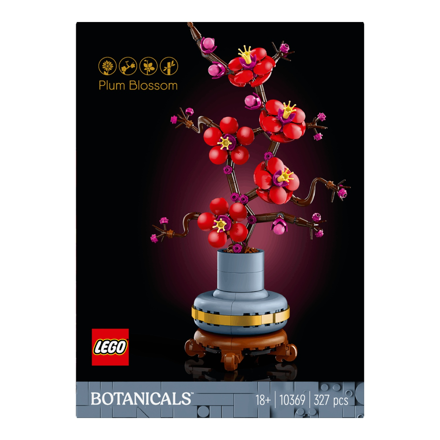 Een Lego-model van rode pruimenbloesems in een grijsblauwe vaas op een houten standaard.