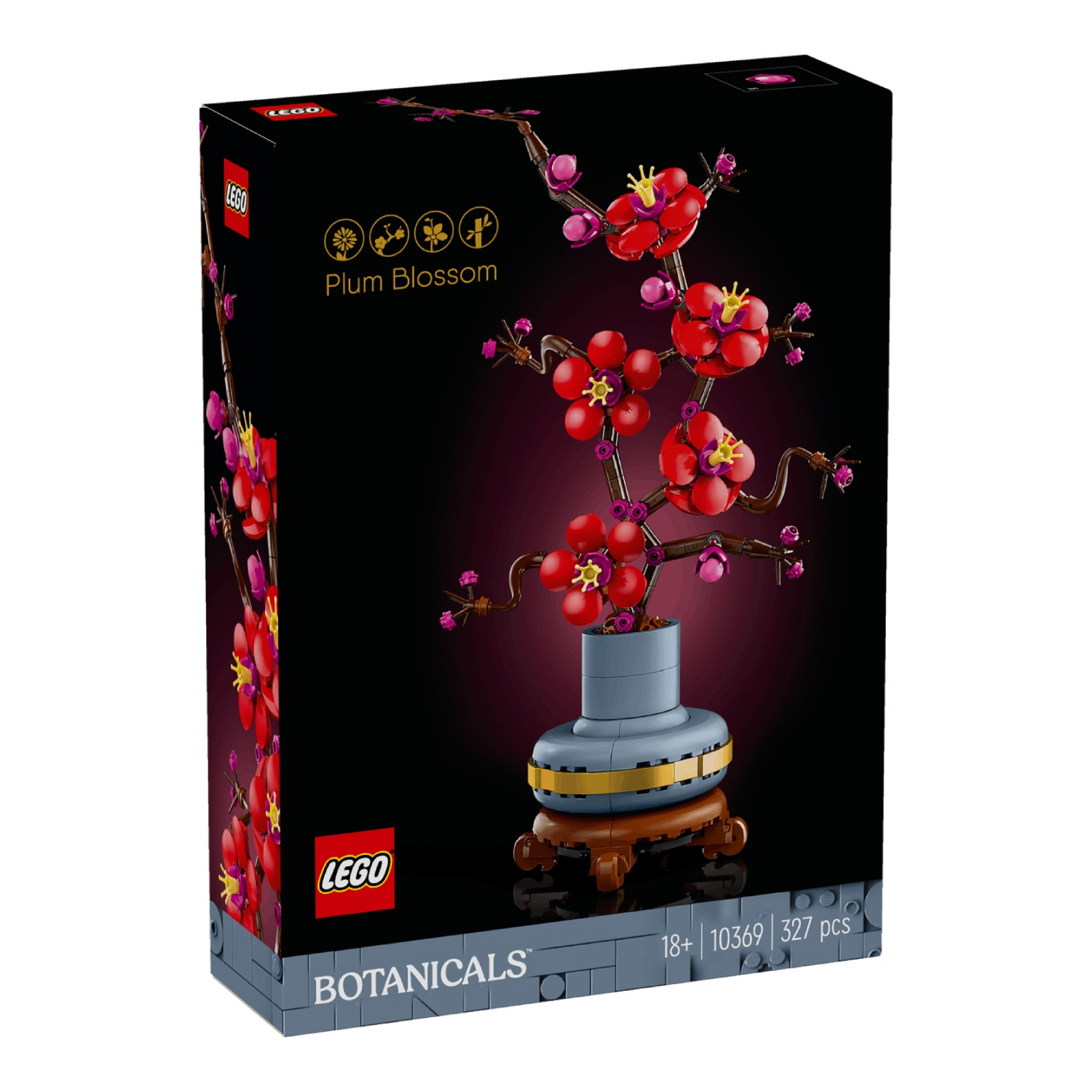 LEGO Pruimebloesem set in grijze vaas met gouden band op houten standaard.