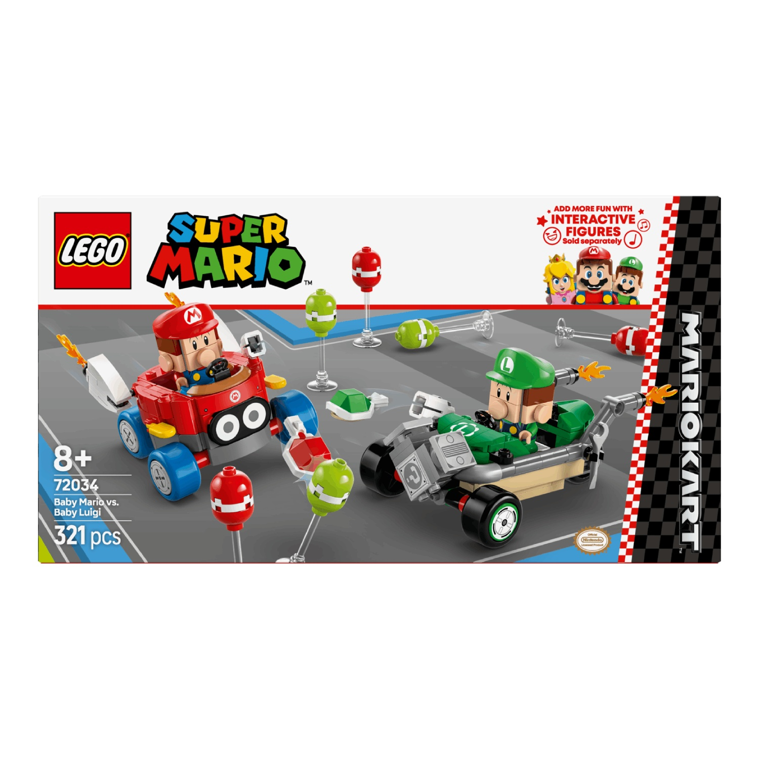 LEGO Super Mario Baby Mario and Baby Luigi go-kart set with obstacles.