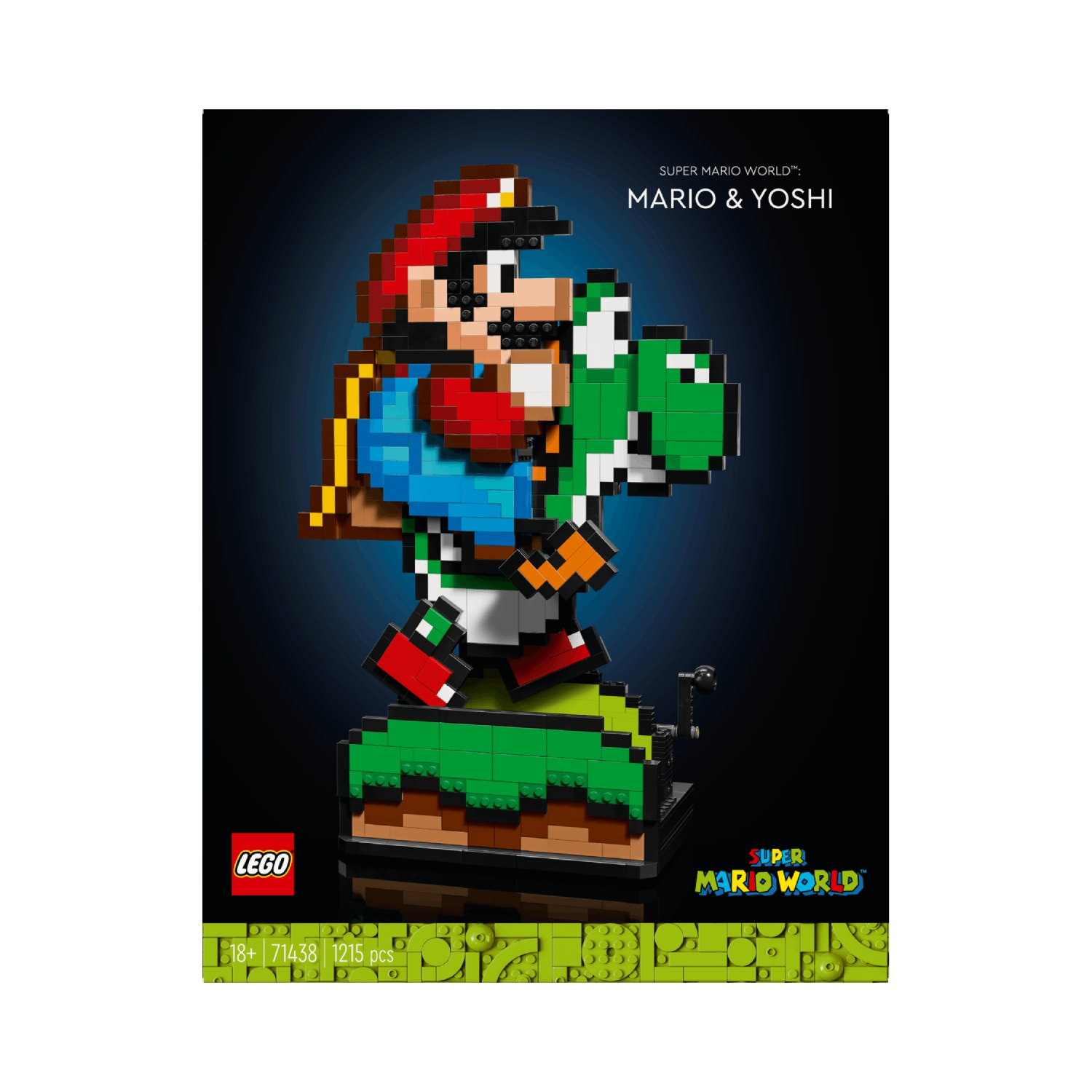Pixel Mario op Yoshi op groene basis, met LEGO logo.