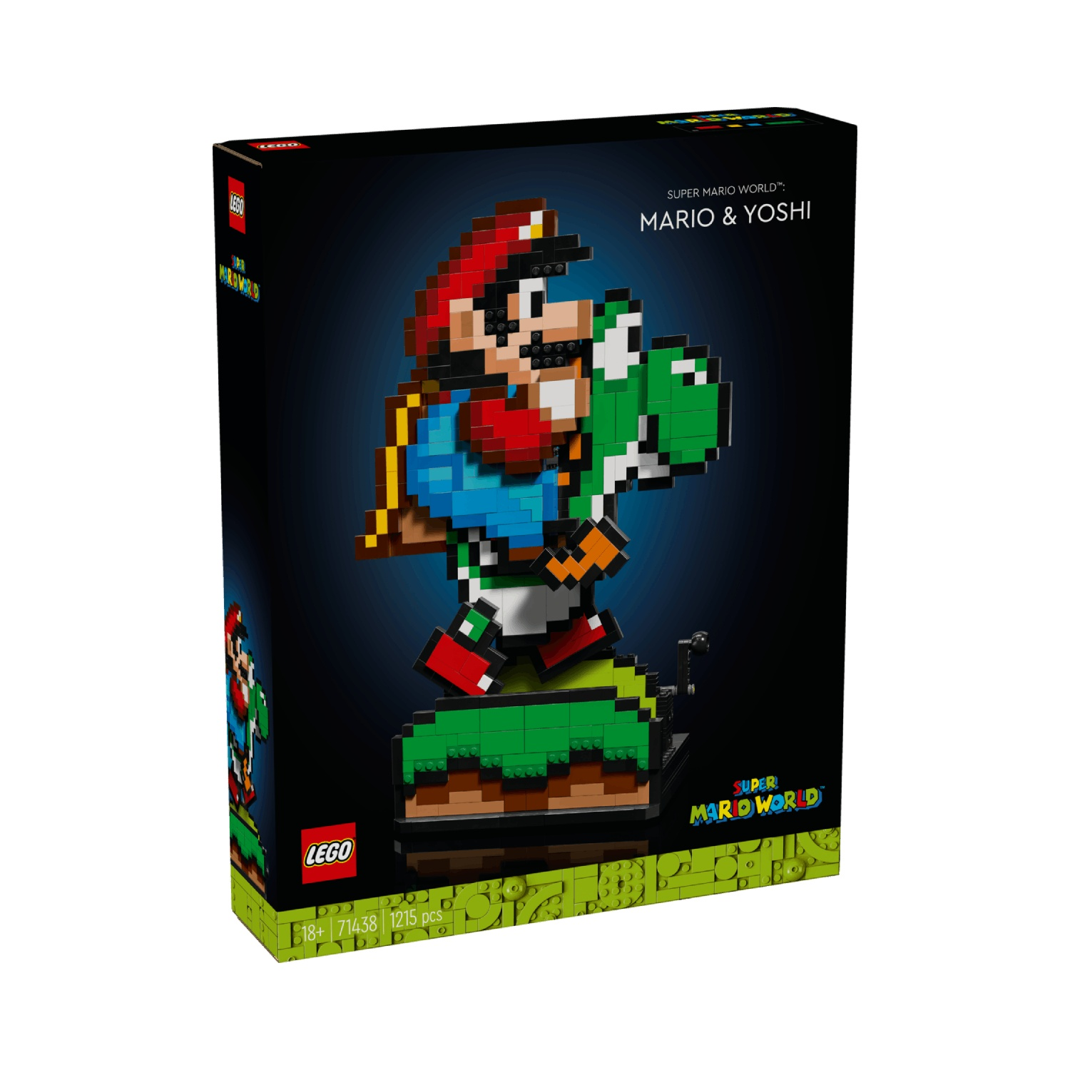 LEGO-doos met pixel art Mario en Yoshi uit Super Mario World.