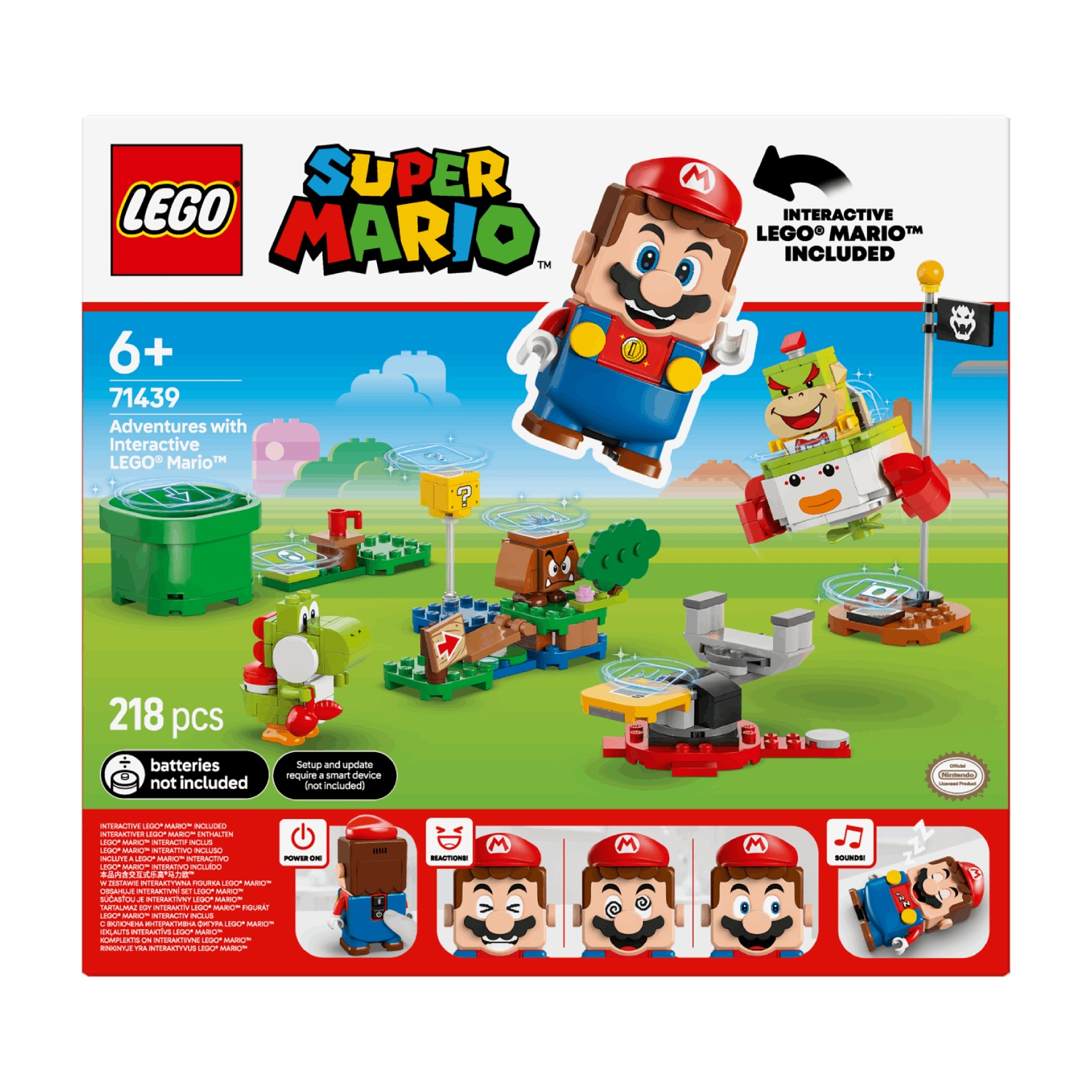 Lego Super Mario set with Mario, Yoshi, Goomba, Bowser Jr., and interactive Mario figure.