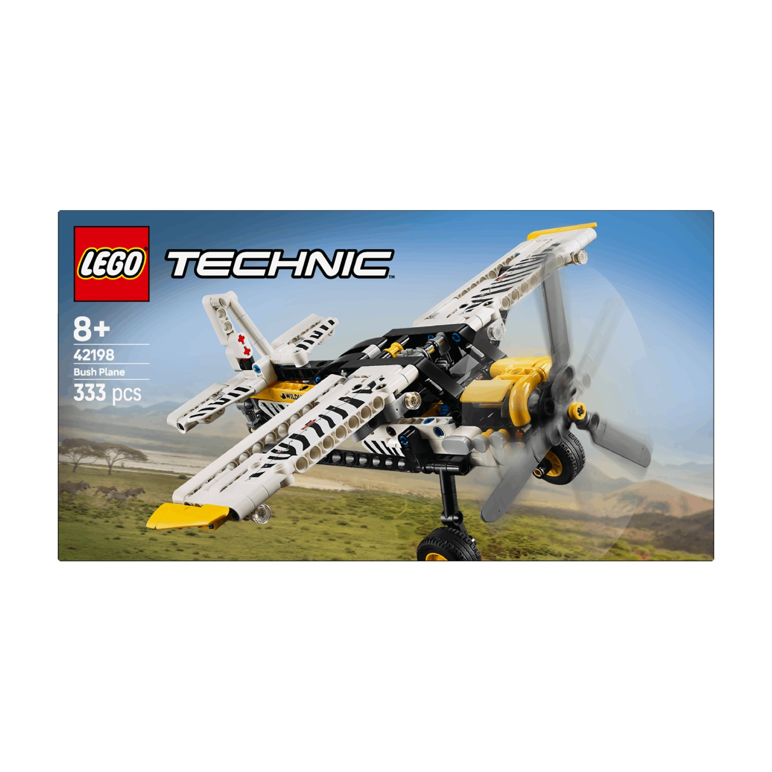 Een wit en geel Lego Technic bushplane met zebra-strepen vliegt over een savanne.