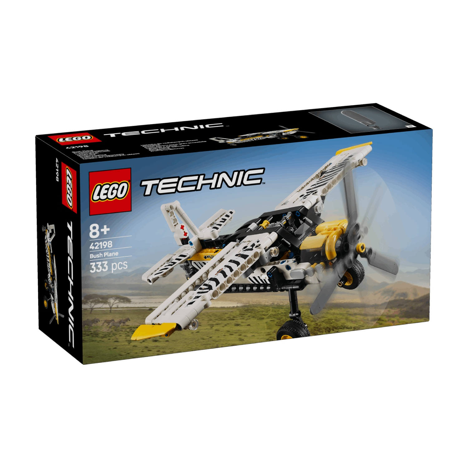 LEGO Technic Bush Plane set met propellers en wielen in Afrikaans savannelandschap.