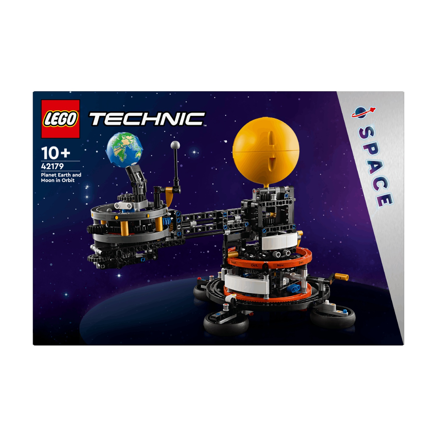 LEGO Technic model of Earth, Moon, and Sun in orbit, with space theme.